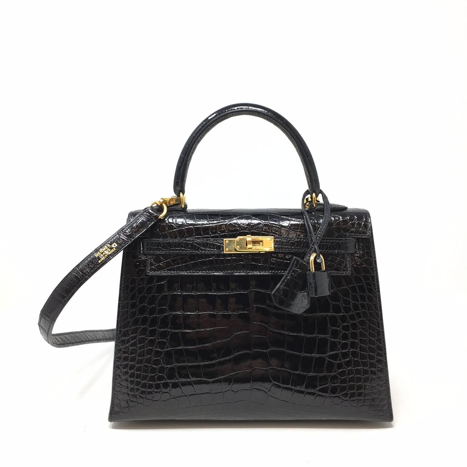 Hermes Sac Kelly 25 Black Shiny Alligator Crocodile Leather Vintage Bag , 1999 11