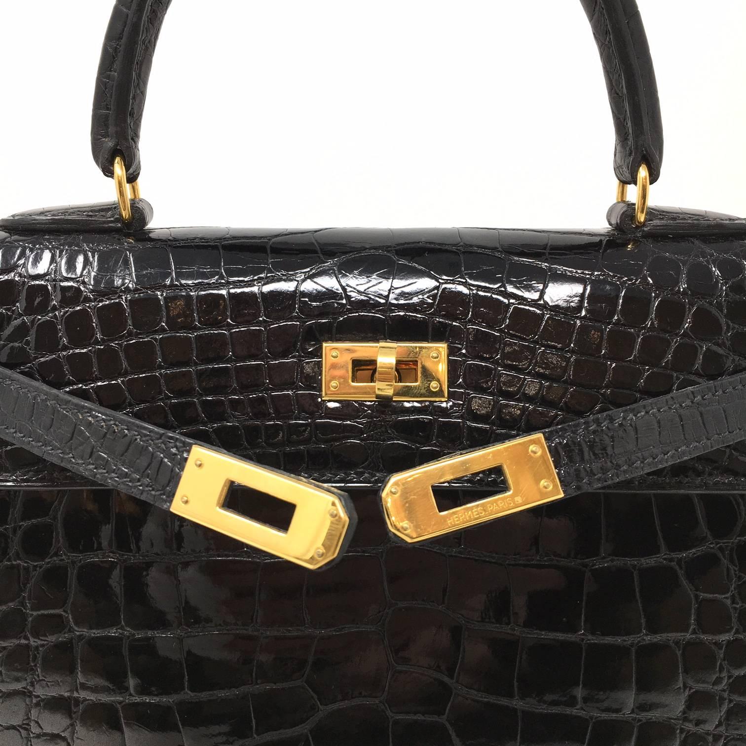 Hermes Sac Kelly 25 Black Shiny Alligator Crocodile Leather Vintage Bag , 1999 12