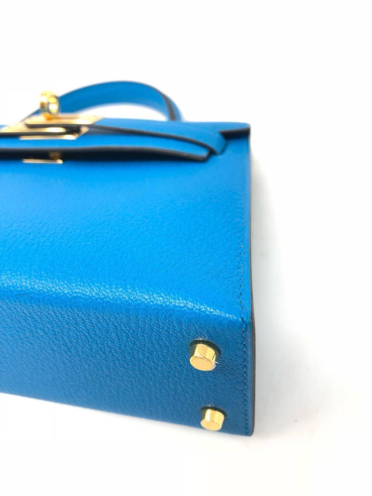 Women's or Men's Hermes Kelly Bag 20 Mini Kelly II Blue Zanzibar Chevre Gold Hardware, 2017 