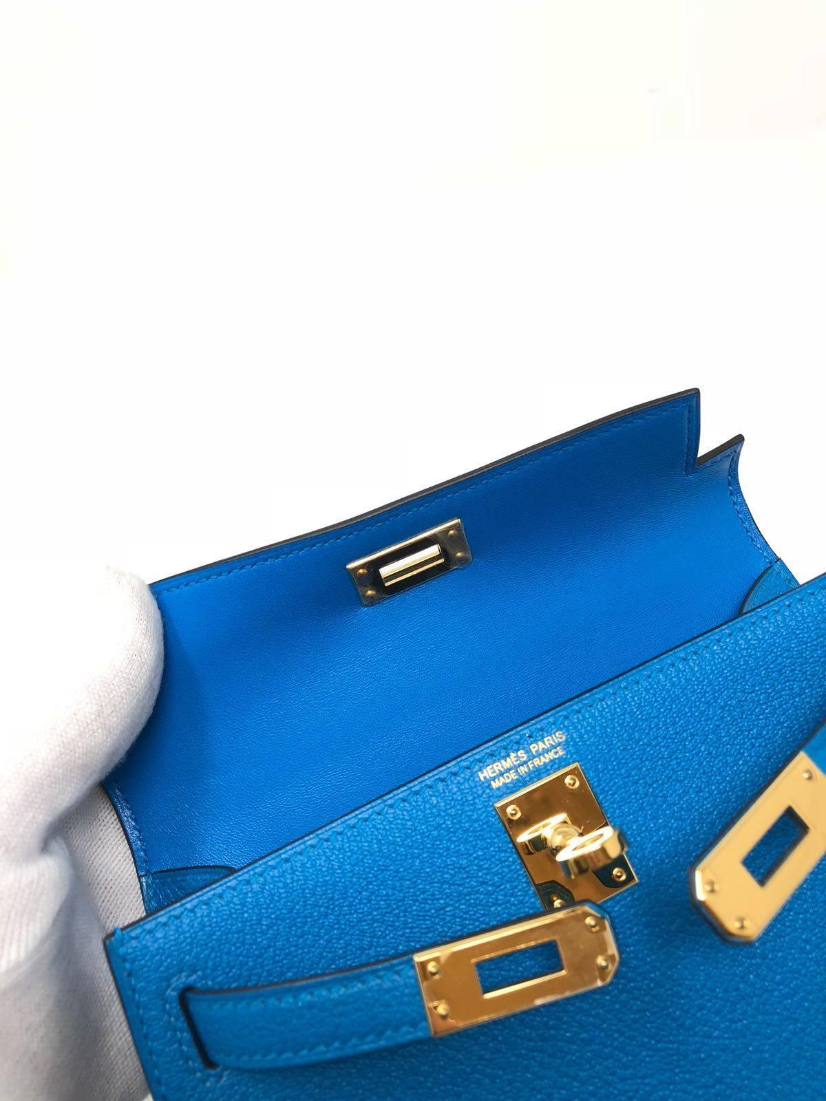 Hermes Kelly Bag 20 Mini Kelly II Blue Zanzibar Chevre Gold Hardware, 2017 8