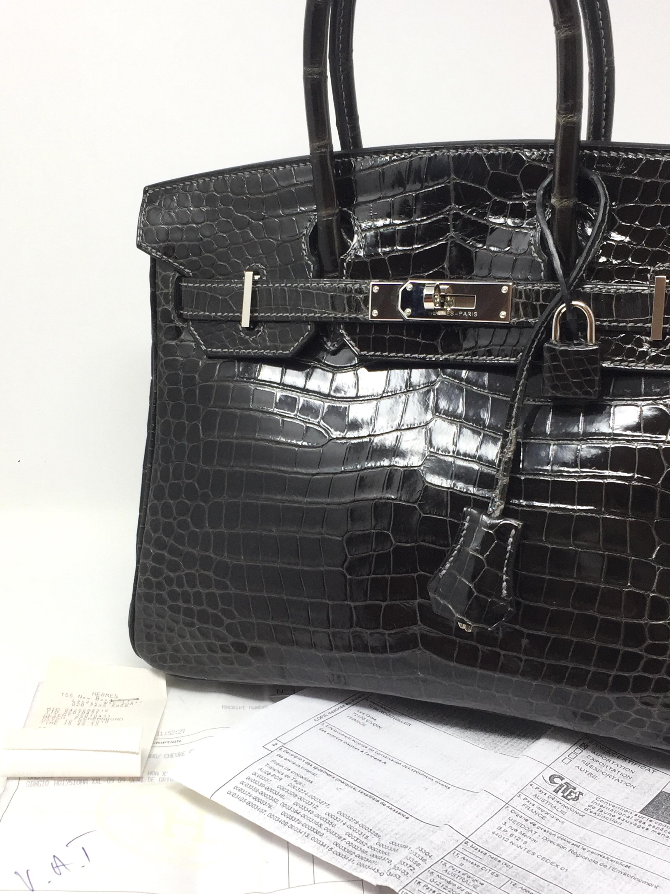 Hermes Birkin Bag 30 Crocodile Porosus Graphite Gray Shine Leather, 2010 5