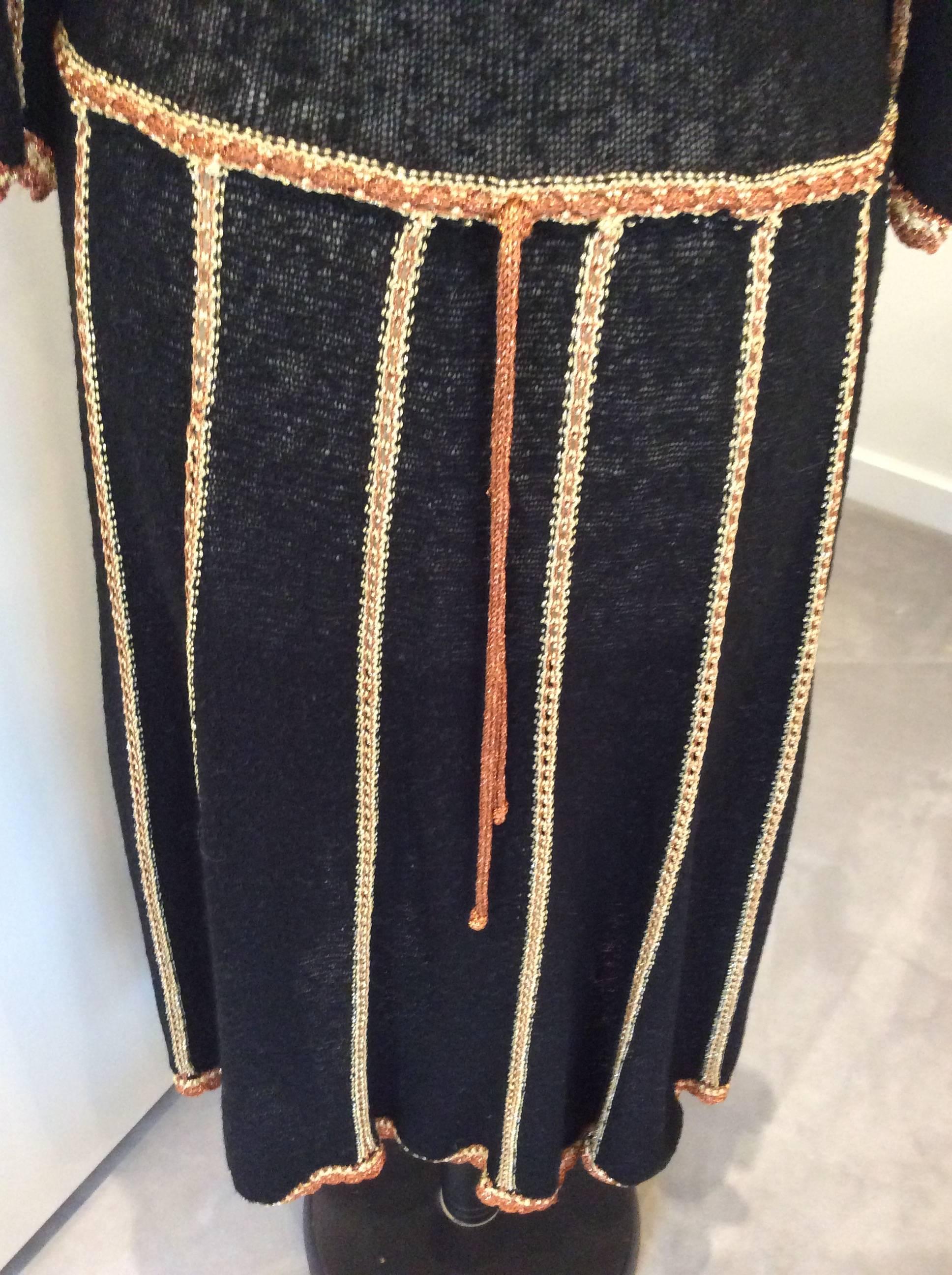 1970s Mary Ruane Black knit dress with copper and soft gold detail For Sale 1