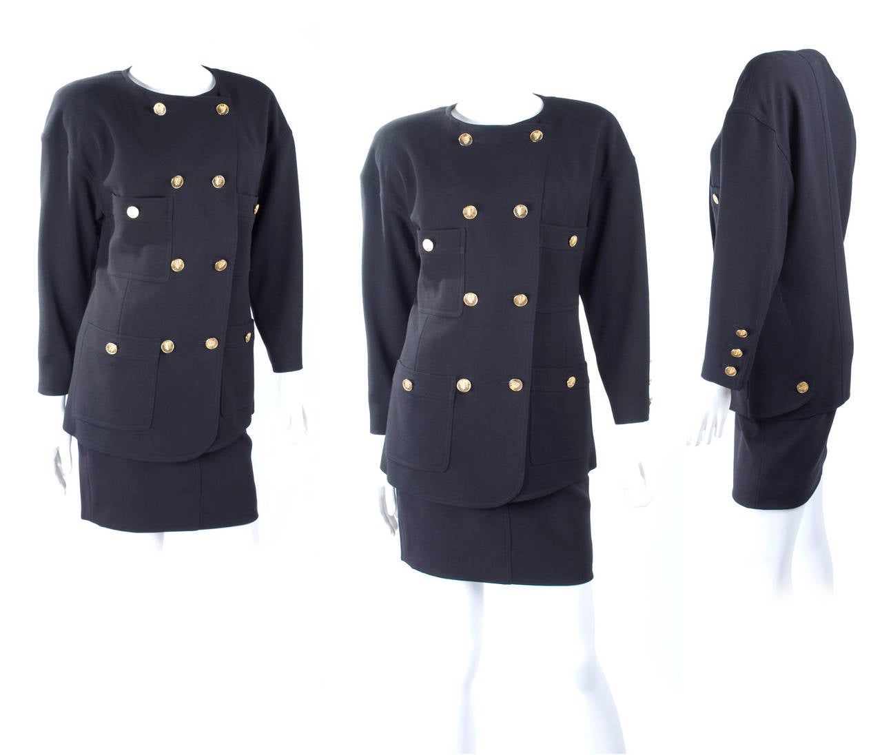 Vintage Chanel suit in black with gold buttons and spike motive.
There are altogether 22 Buttons on this suit.
From circa 1980s
Size EU 38
Excellent condition - no flaws to mention.
Measurements:
Jacket: Length 26.5