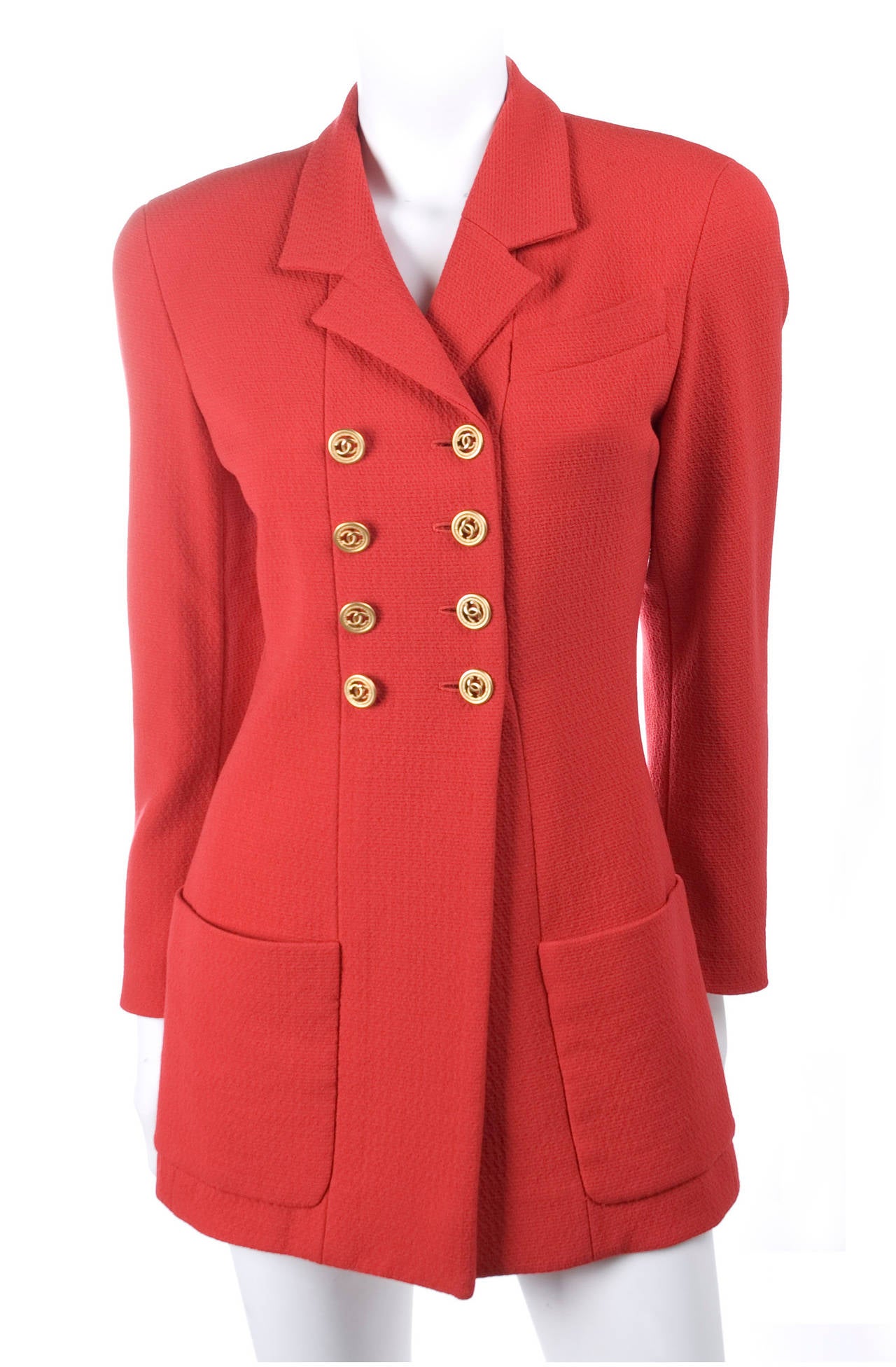 Vintage 1980s Chanel Jacket in Lipstick Red and Gold Buttons at 1stdibs