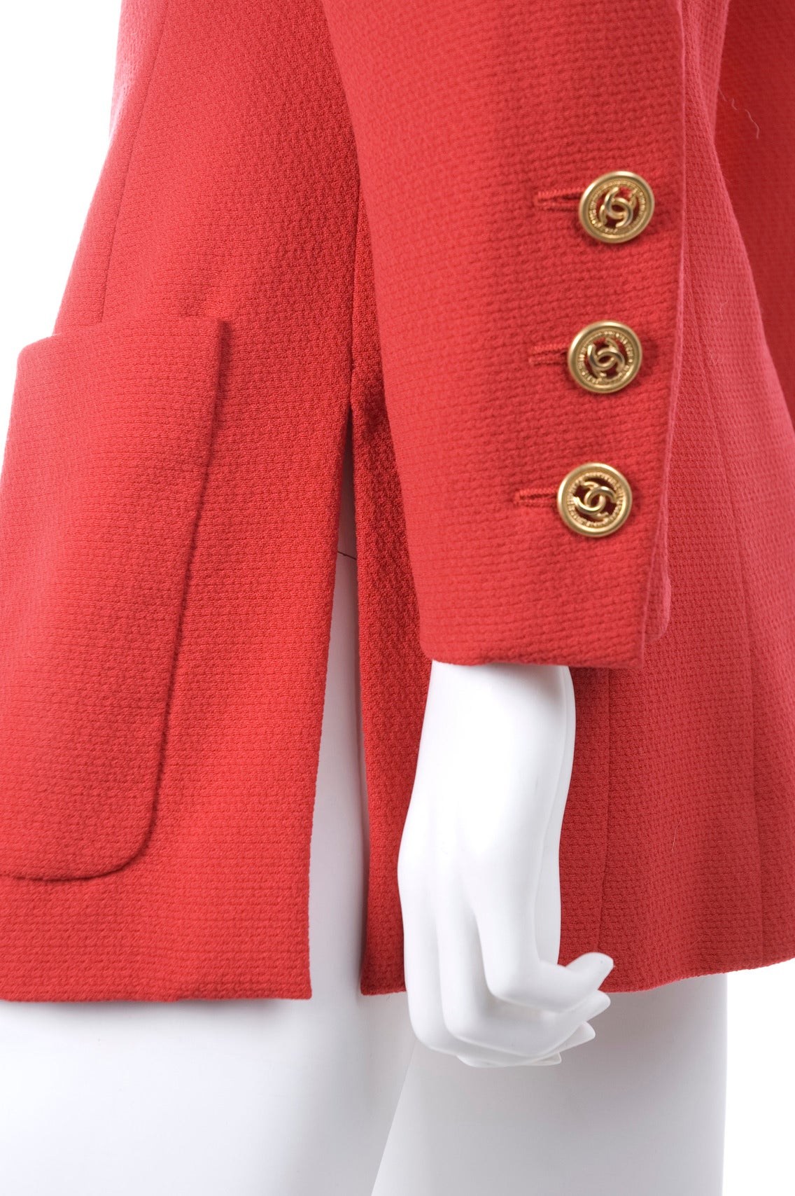 Vintage 1980s Chanel Jacket in Lipstick Red and Gold Buttons 1
