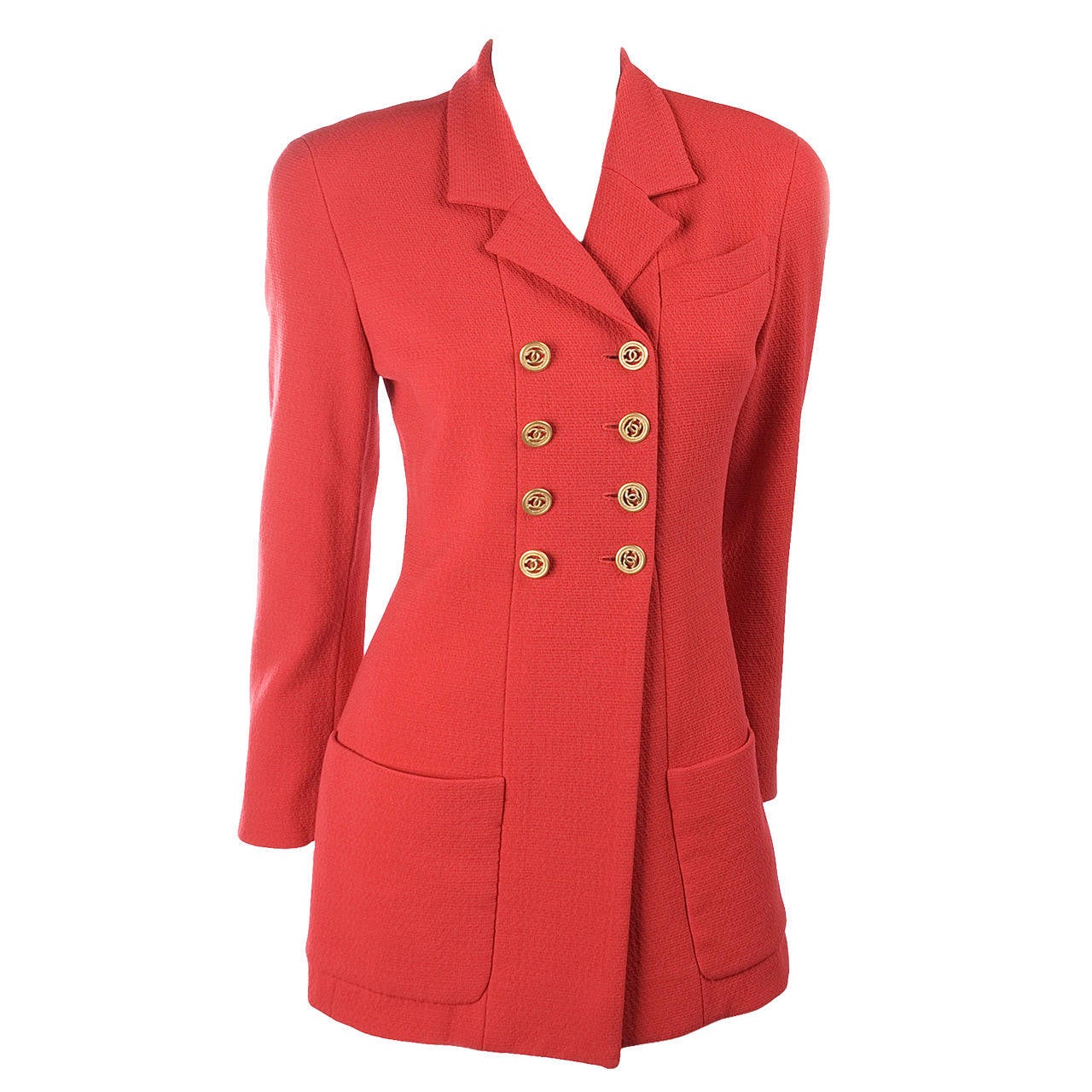 Vintage 1980s Chanel Jacket in Lipstick Red and Gold Buttons