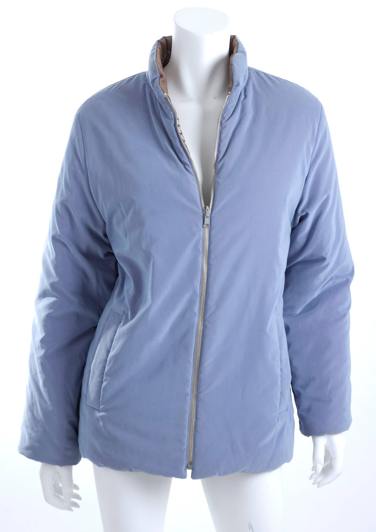 Gray Hermes Reversible Silk Puffer Jacket in Color Coffee and Blue