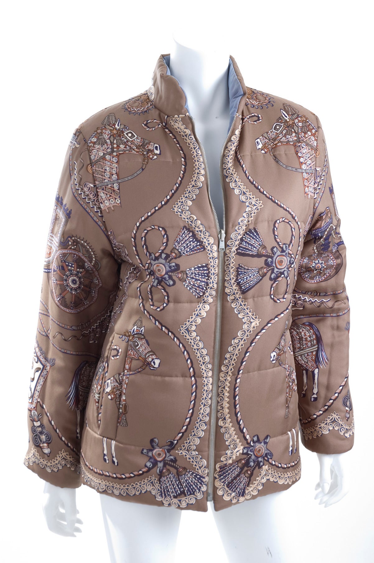 Hermes Reversible Silk Puffer Jacket in Color Coffee and Blue 1