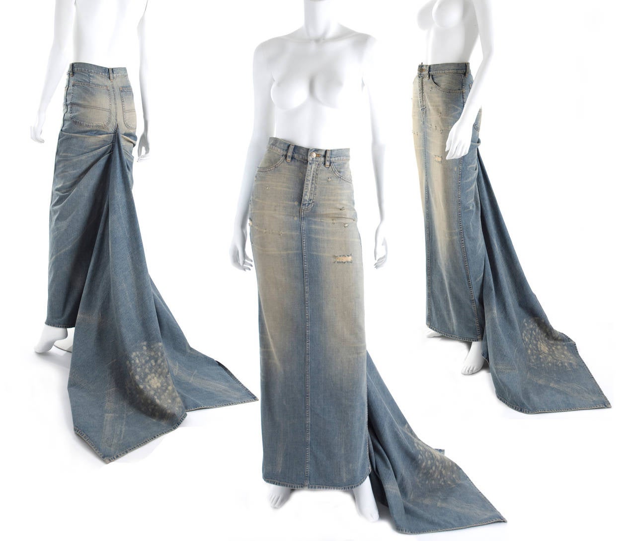 2003 Ralph Lauren Jeans Skirt with Train.
The skirt is AMAZING - lightweight, distressed denim designed with an train!
As seen on Mariah Carey.
Size US 6

Measurements:
Length front 43