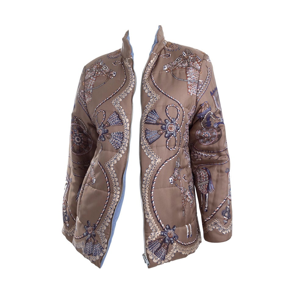 Hermes Reversible Silk Puffer Jacket in Color Coffee and Blue