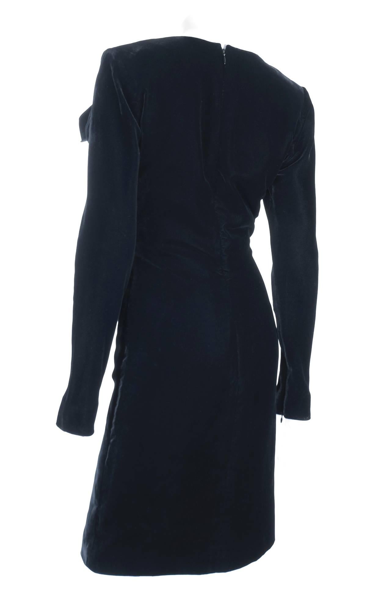 Vintage 80s Yves Saint Laurent Black Velvet Cocktail Dress For Sale 1