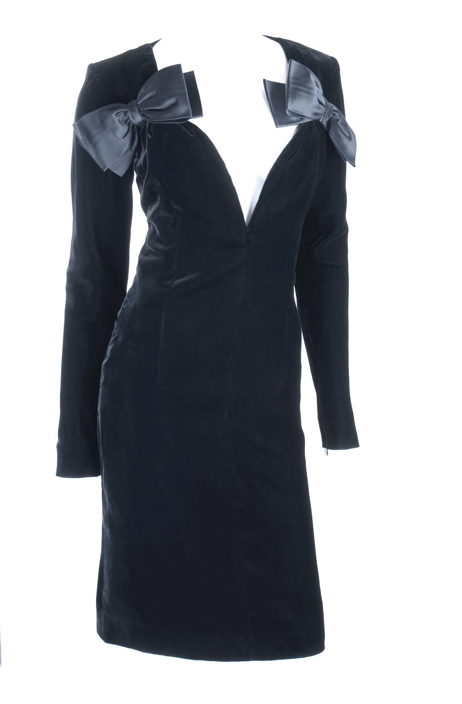 Women's Vintage 80s Yves Saint Laurent Black Velvet Cocktail Dress For Sale