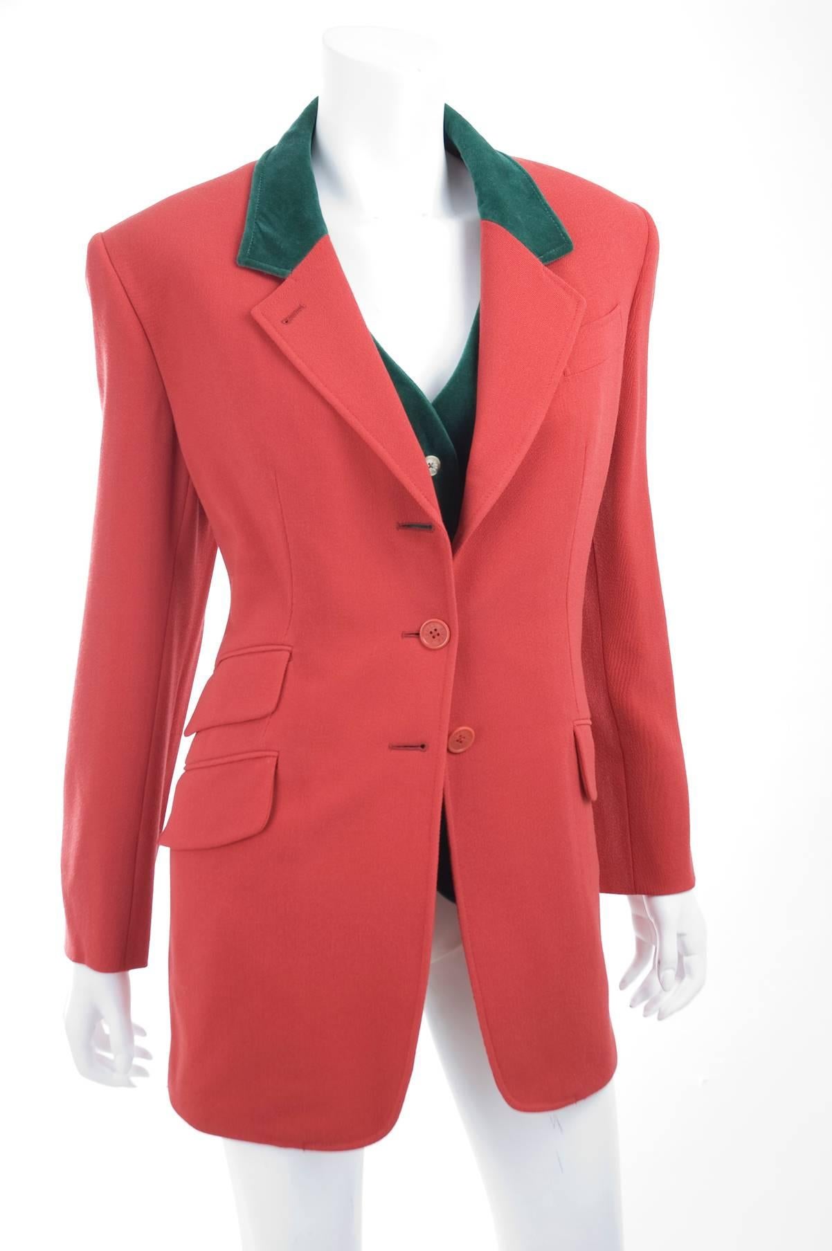 80s Hermes Riding Style Jacket and Vest. Red wool and green cotton velvet.
Beautiful Silk print on back of the vest. 
Excellent condition, no spots or damage at all.
Size EU 44
Measurements:
Jacket: length 30