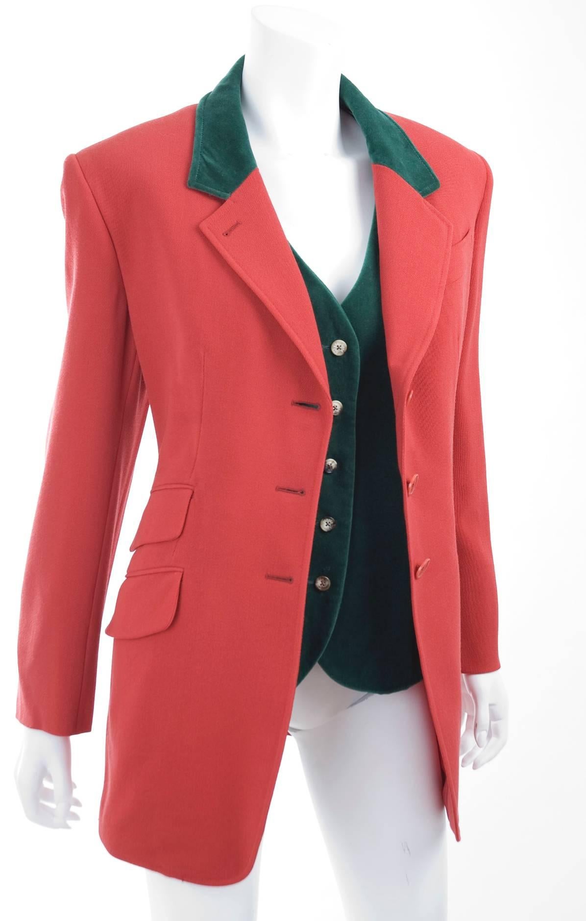 Women's Vintage 80s Hermes Riding Style Jacket and Vest in Red and Green For Sale