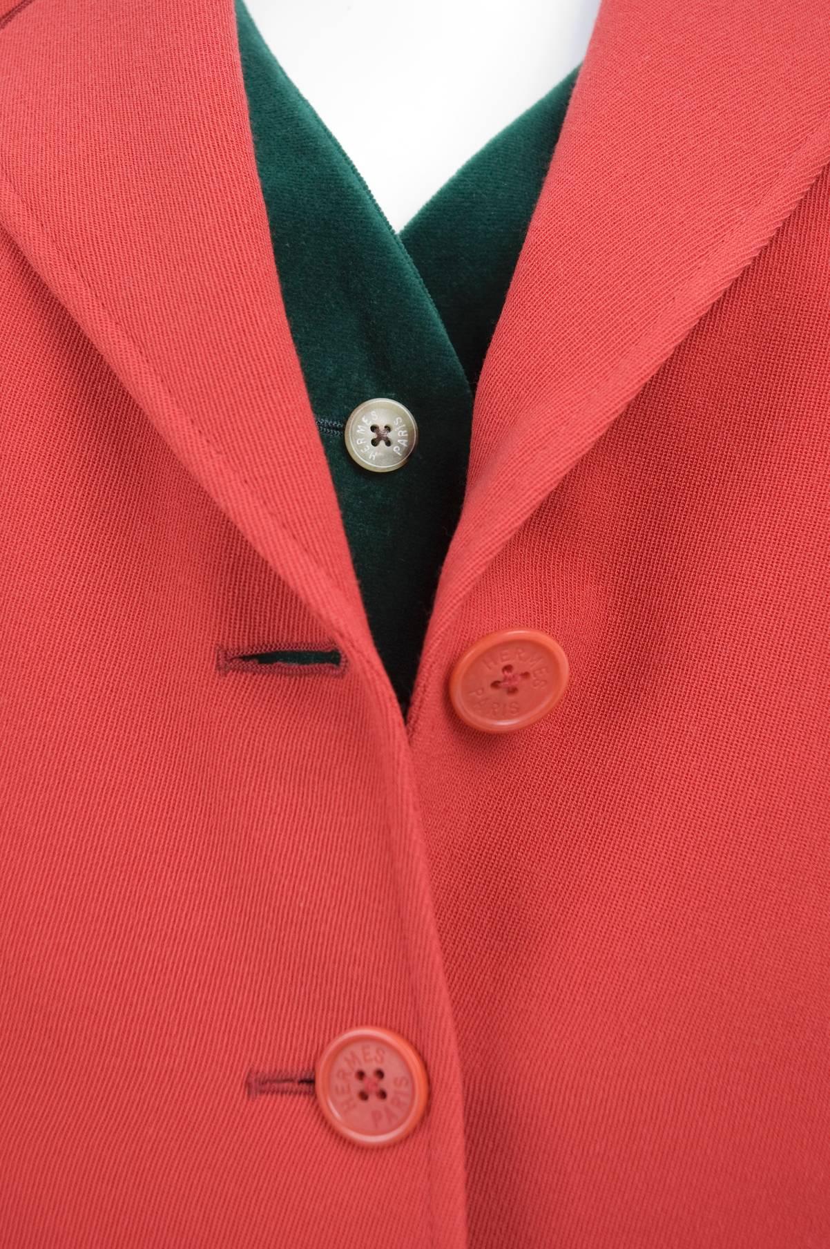 Vintage 80s Hermes Riding Style Jacket and Vest in Red and Green For Sale 1