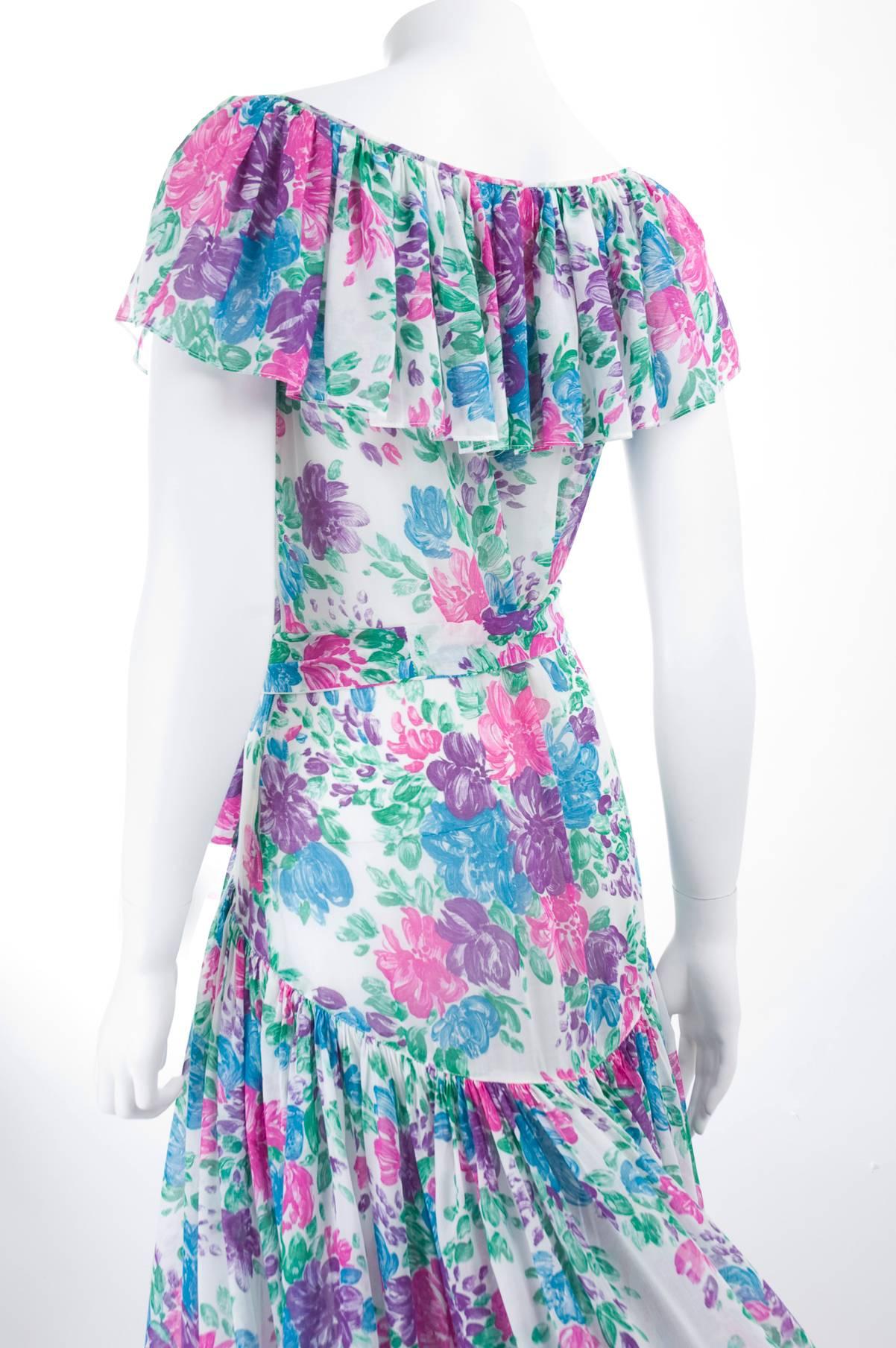 Vintage 70's Yves Saint Laurent High Low Boho Dress with Flower Print For Sale 1