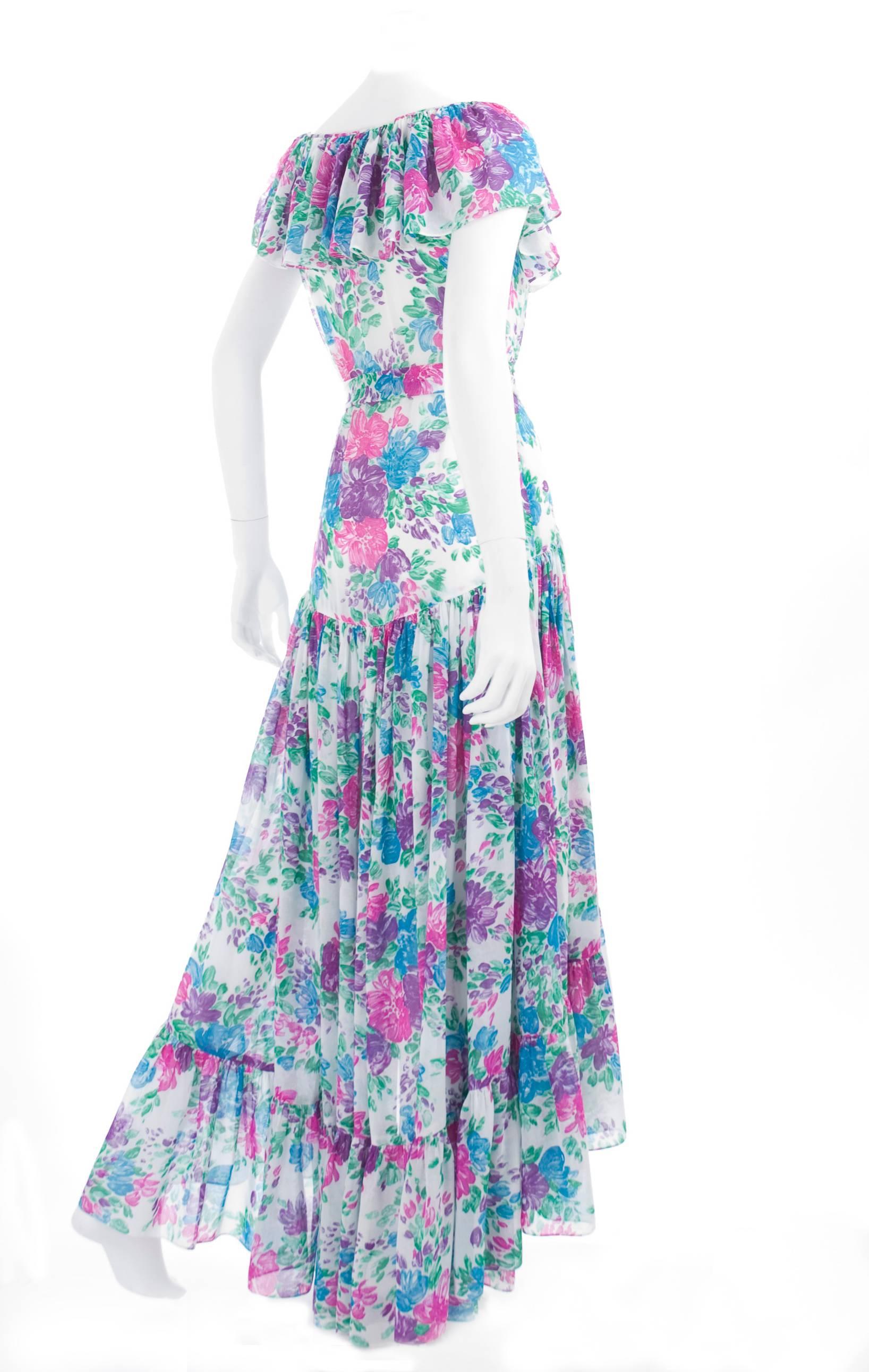 Vintage 70's Yves Saint Laurent High Low Boho Dress with Flower Print For Sale 2