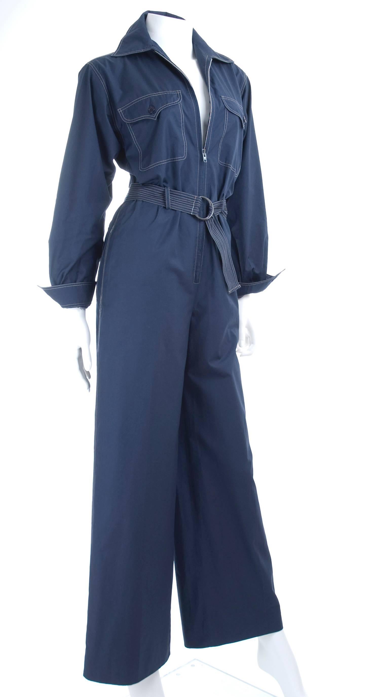 RARE Vintage 1970 Yves Saint Laurent Jumpsuit Navy with Contrast Stitching For Sale 1
