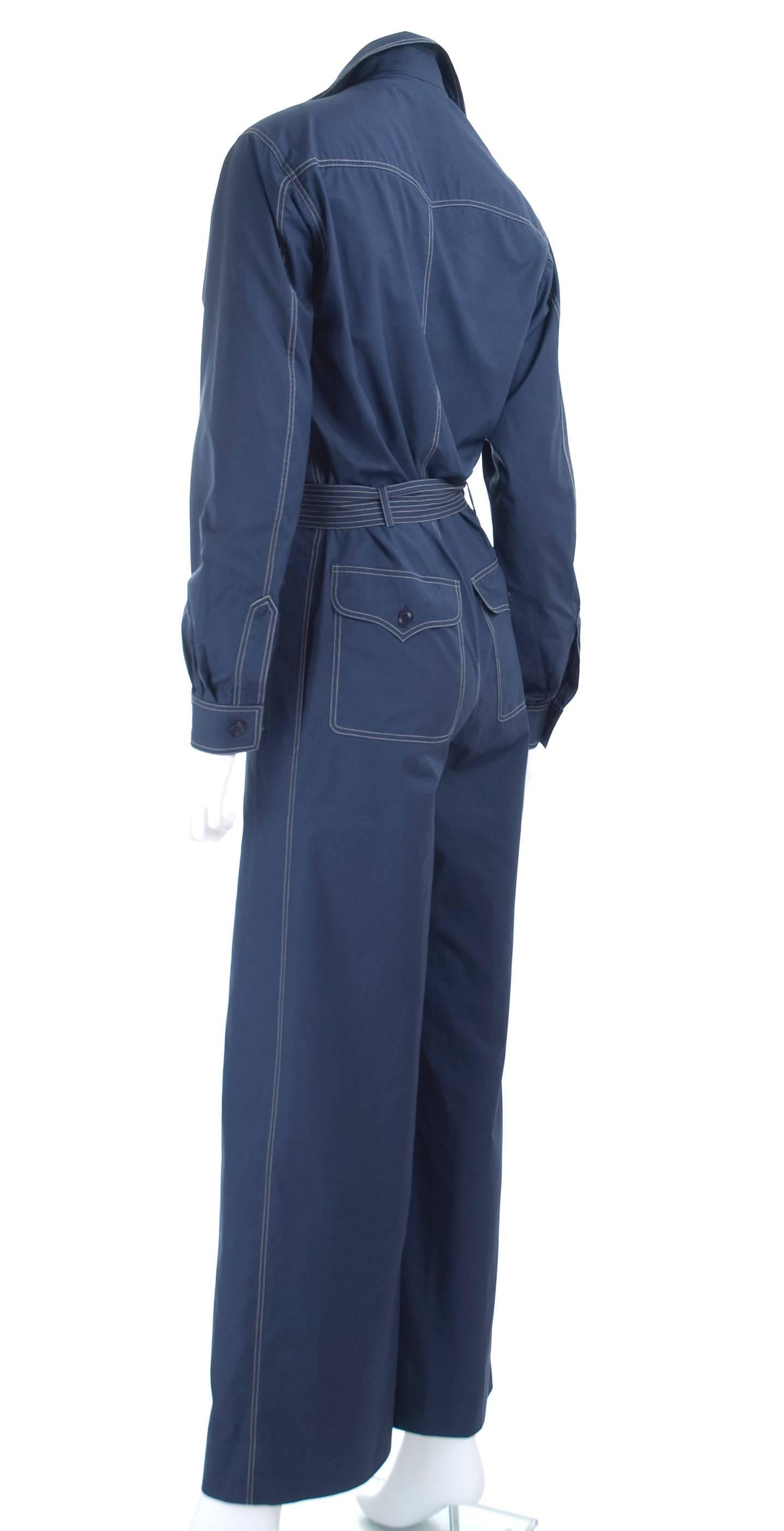 RARE Vintage 1970 Yves Saint Laurent Jumpsuit Navy with Contrast Stitching For Sale 2