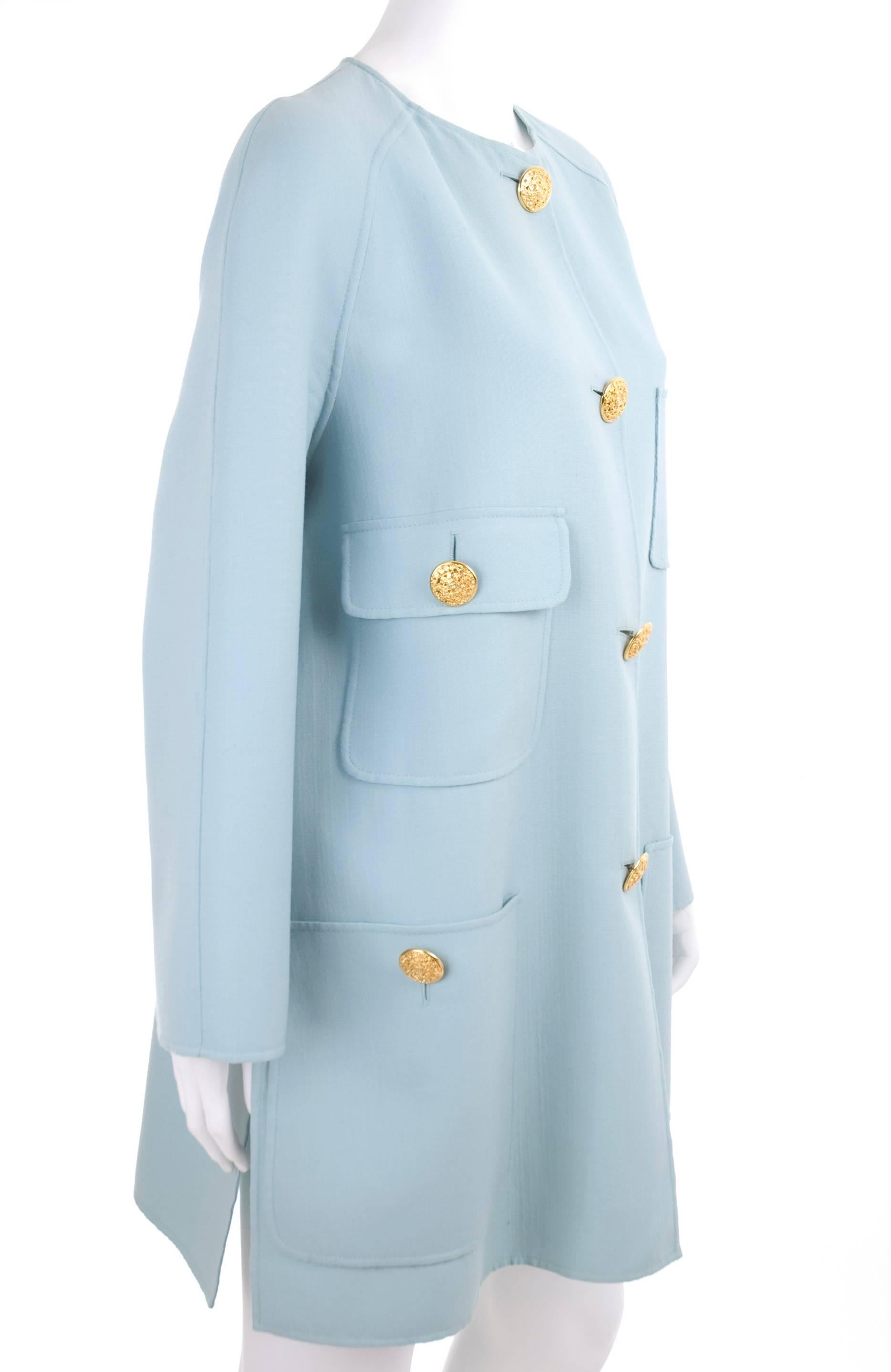 Christian Lacroix Jacket or Overcoat in seafoam blue. 
100% light virgin wool and no lining.
Excellent condition - no flaws to mention.
Size US 12 
Measurements:
Length 33.5