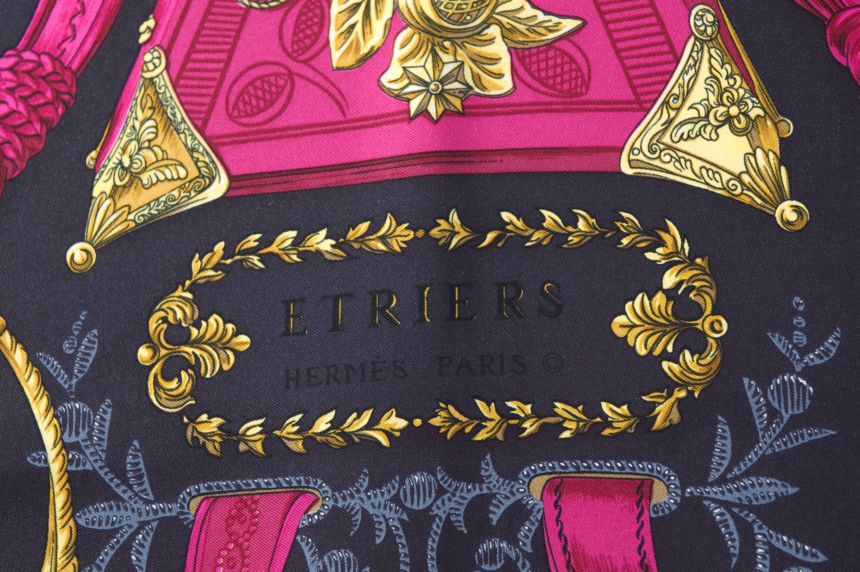 Hermes Etriers carré by Françoise de la Perriere was first issued in 1964.
Color combination of black, fuschia and gold.
Excellent condition, no flaws to mention.
size 90cm x 90 cm 