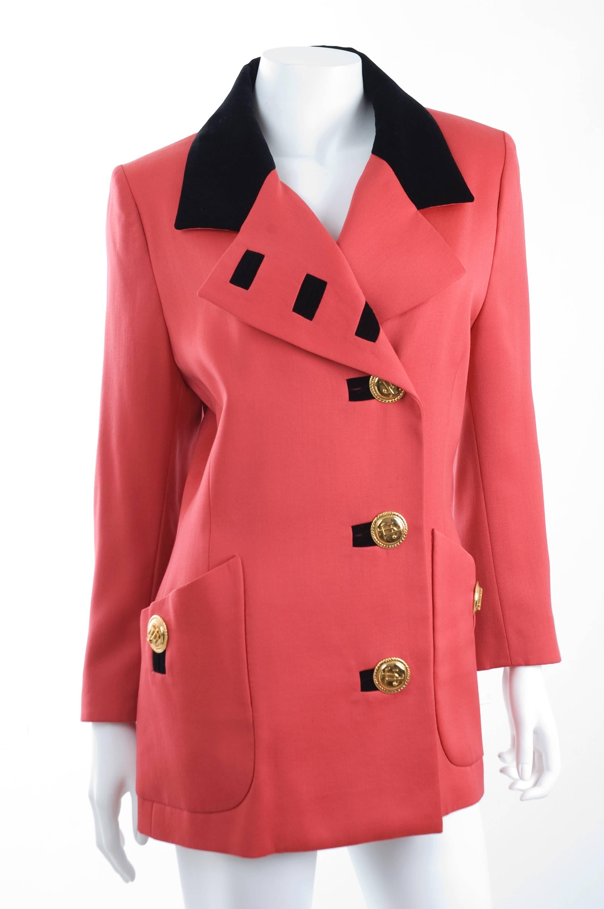 Jaques Fath Jacket in Lipstick Red and Black Velvet For Sale 1