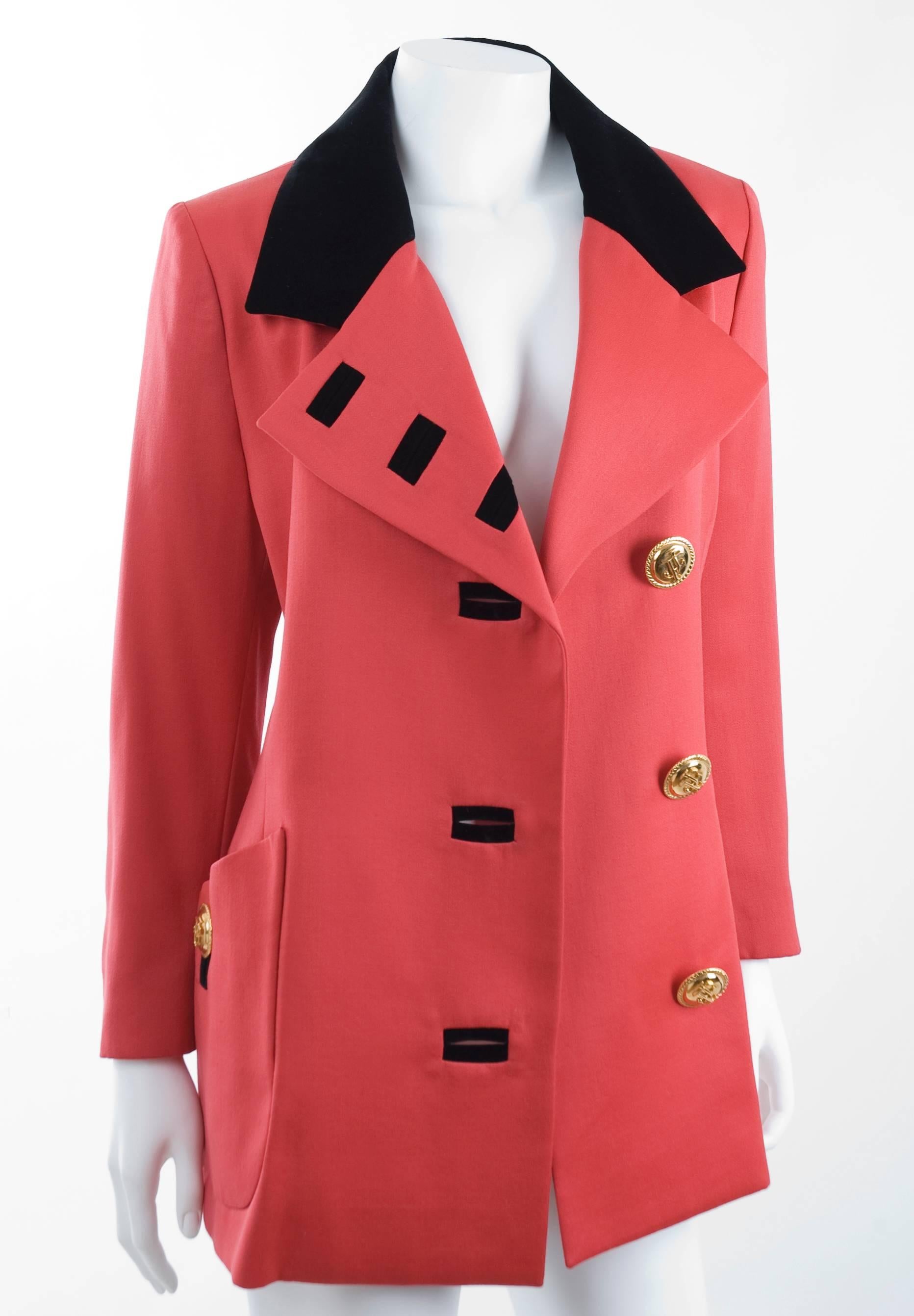 Jaques Fath Jacket in Lipstick Red and Black Velvet For Sale 2