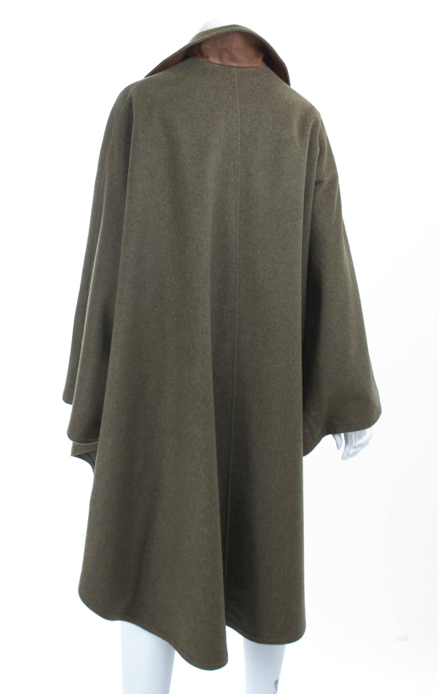 Black Vintage Hermes Cashmere/Wool Cape with Leather Trim