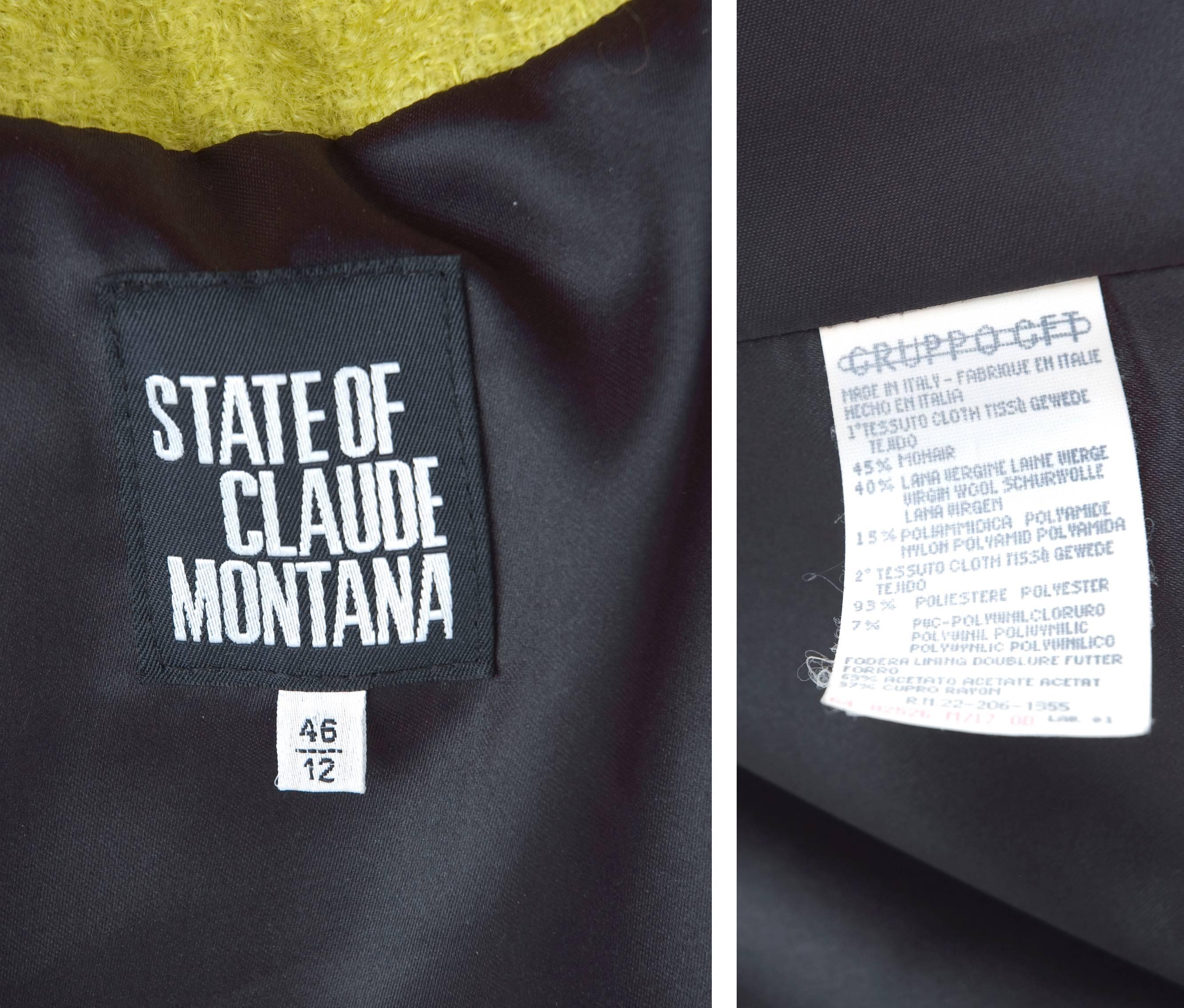 Vintage State Of Claude Montana Coat in Lime Green sz.12 For Sale 3