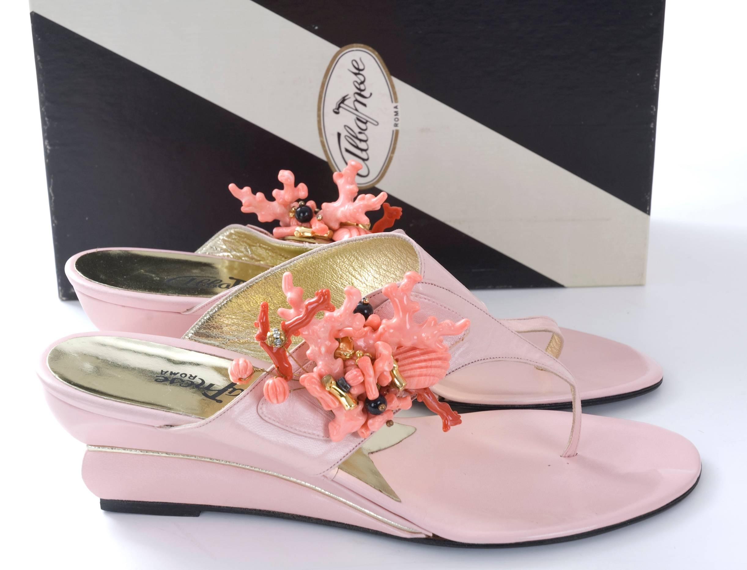 Beige Vintage Unworn ALBANESE Sandals in Pink with Coral Branches Cluster For Sale