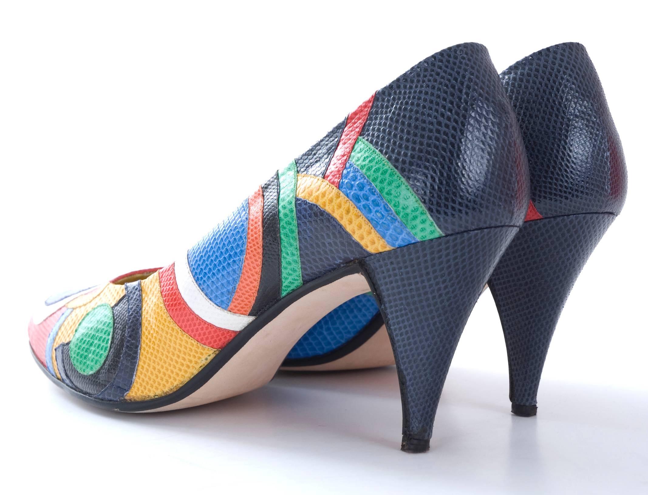 Vintage Andrea Pfister Shoes in Colorful Karung Snakeskin Pattern US 9 For Sale 1