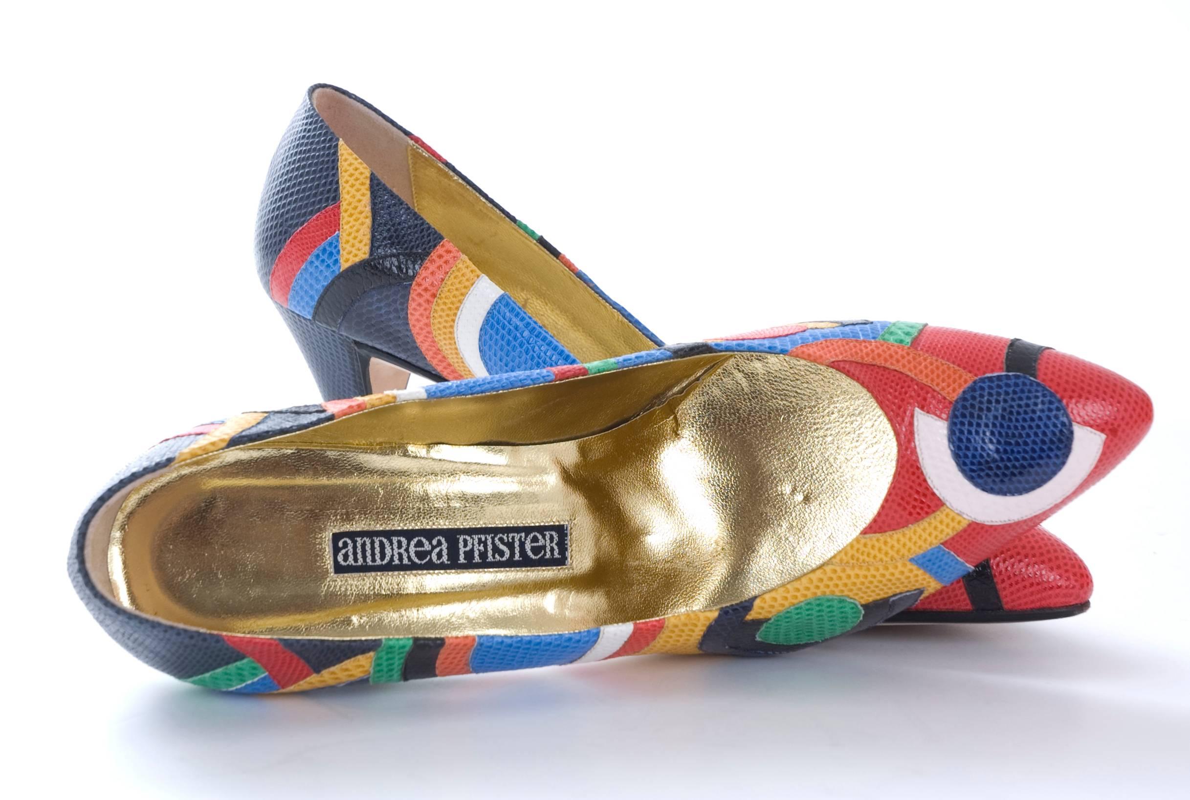 Vintage Andrea Pfister Shoes in Colorful Karung Snakeskin Pattern US 9 In Excellent Condition For Sale In Hamburg, Deutschland