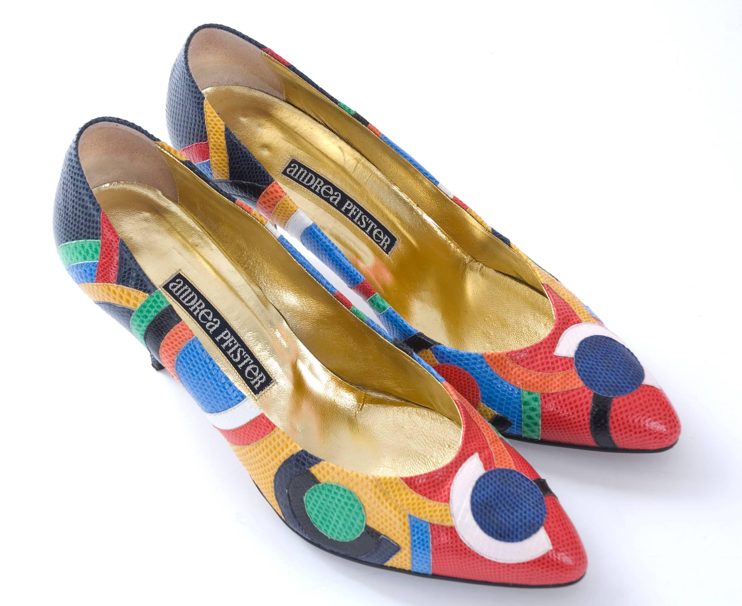 Women's Vintage Andrea Pfister Shoes in Colorful Karung Snakeskin Pattern US 9 For Sale