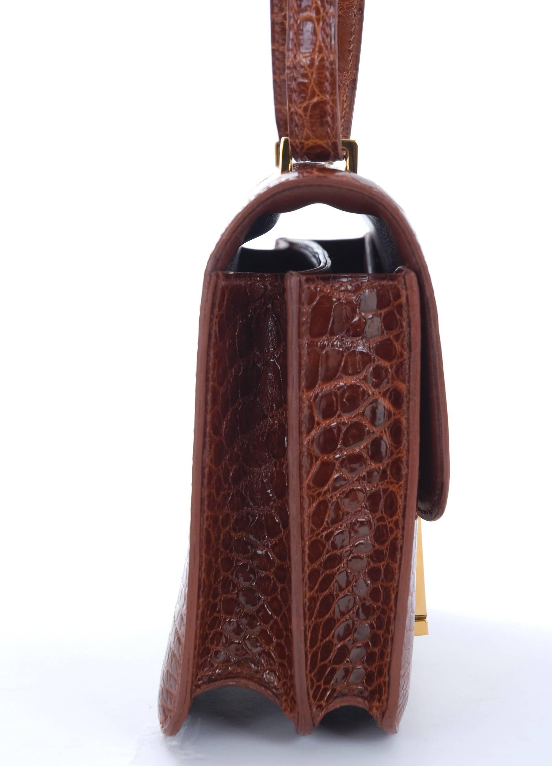 Hermes 18cm Mini Constance Bag Double Gusset Shiny Porosus Crocodile in Cognac For Sale 1