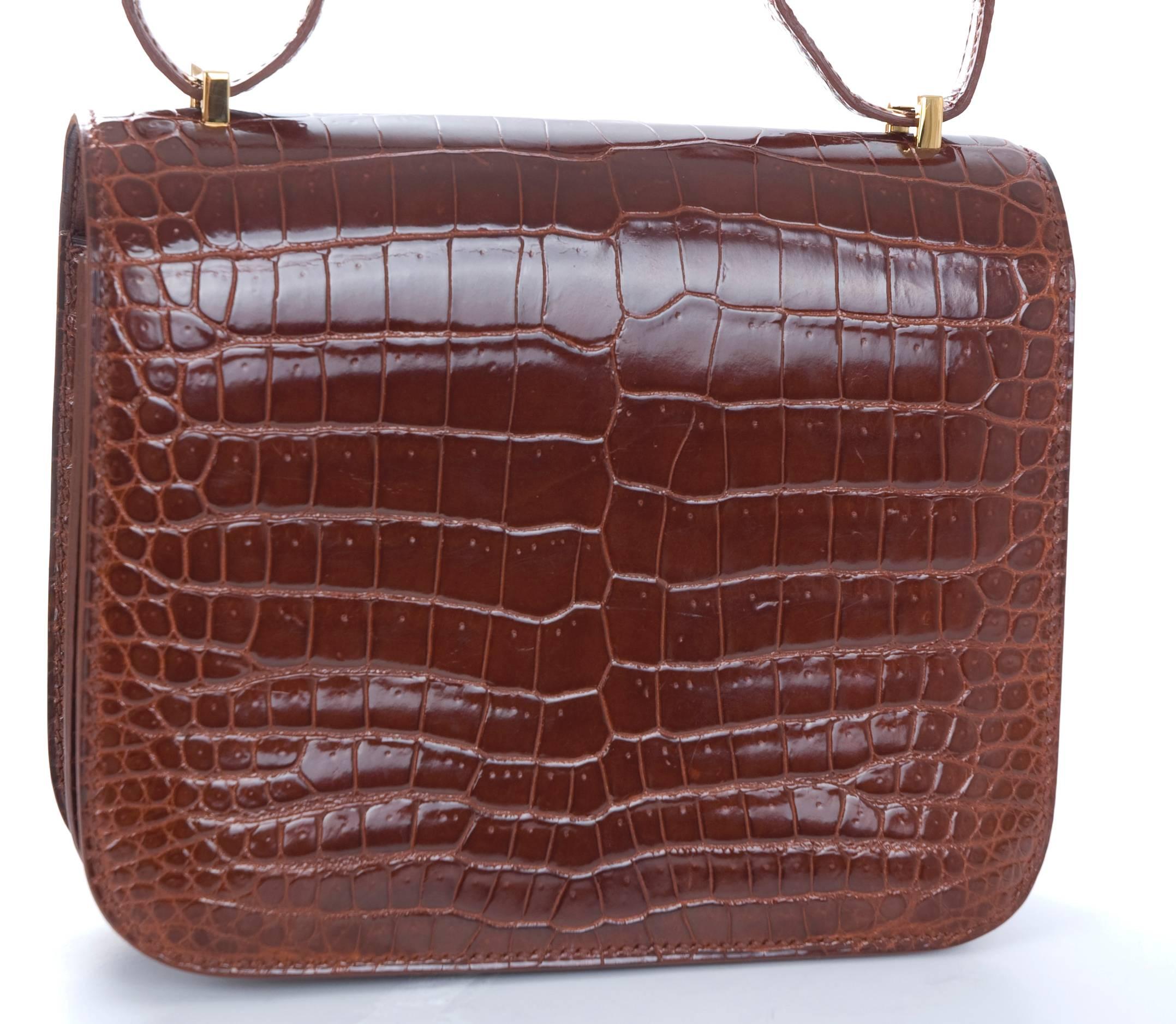 Hermes 18cm Mini Constance Bag Double Gusset Shiny Porosus Crocodile in Cognac For Sale 2