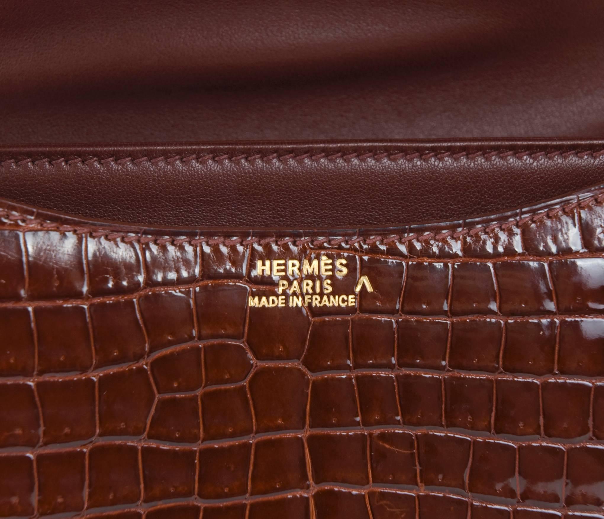 Hermes 18cm Mini Constance Bag Double Gusset Shiny Porosus Crocodile in Cognac For Sale 3