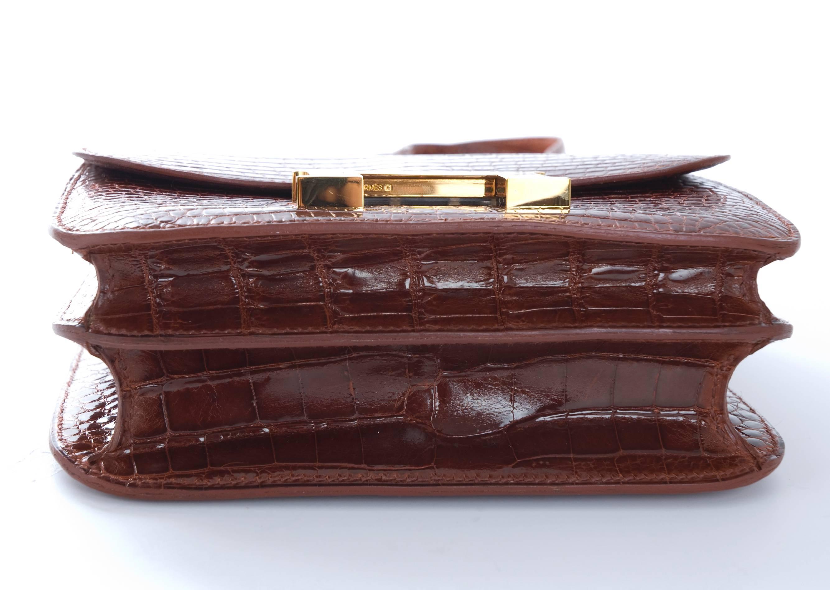 Hermes 18cm Mini Constance Bag Double Gusset Shiny Porosus Crocodile in Cognac For Sale 5