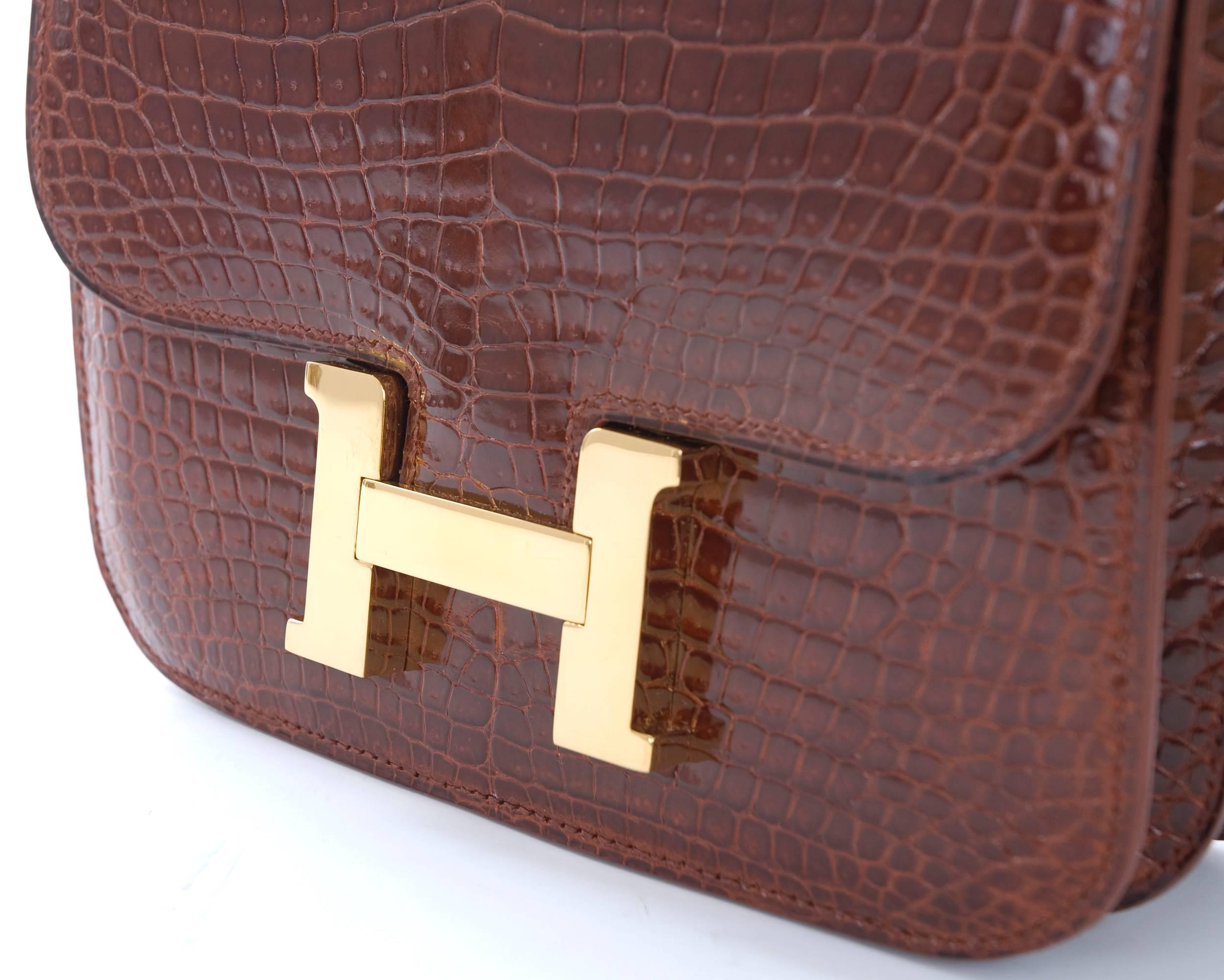 Brown Hermes 18cm Mini Constance Bag Double Gusset Shiny Porosus Crocodile in Cognac For Sale
