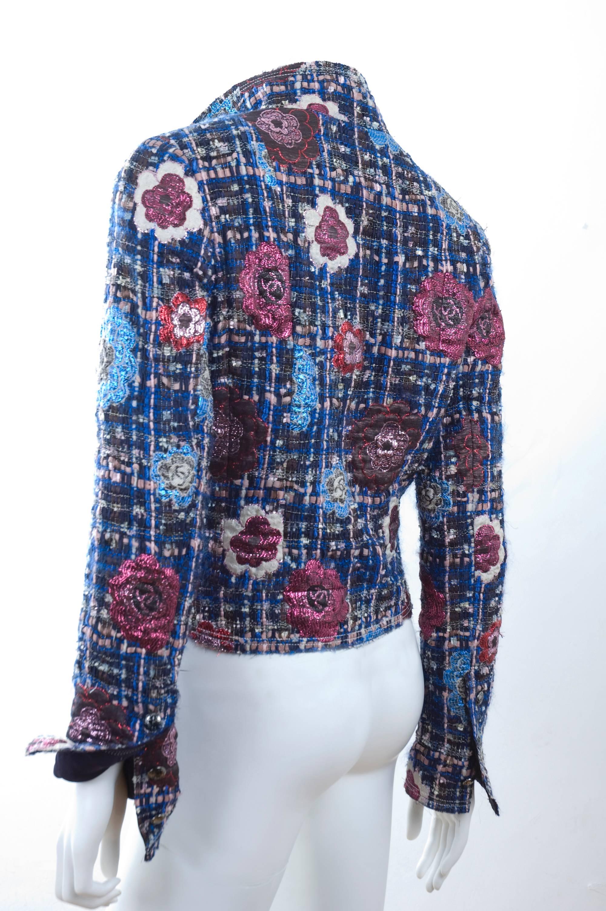 2008 Chanel Jacket with Metallic Camellias in Blue and Pink. For Sale 1