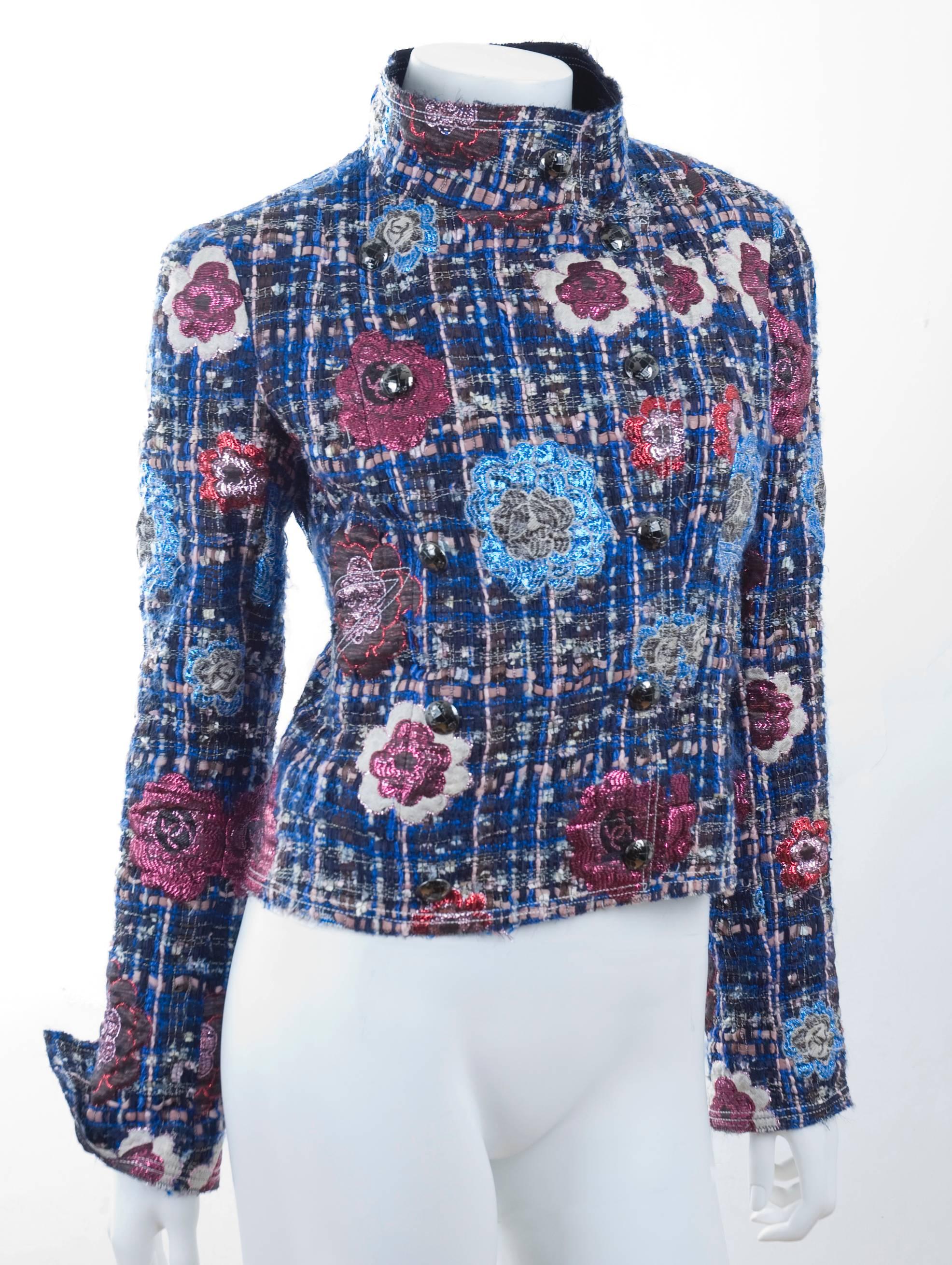 Women's 2008 Chanel Jacket with Metallic Camellias in Blue and Pink. For Sale