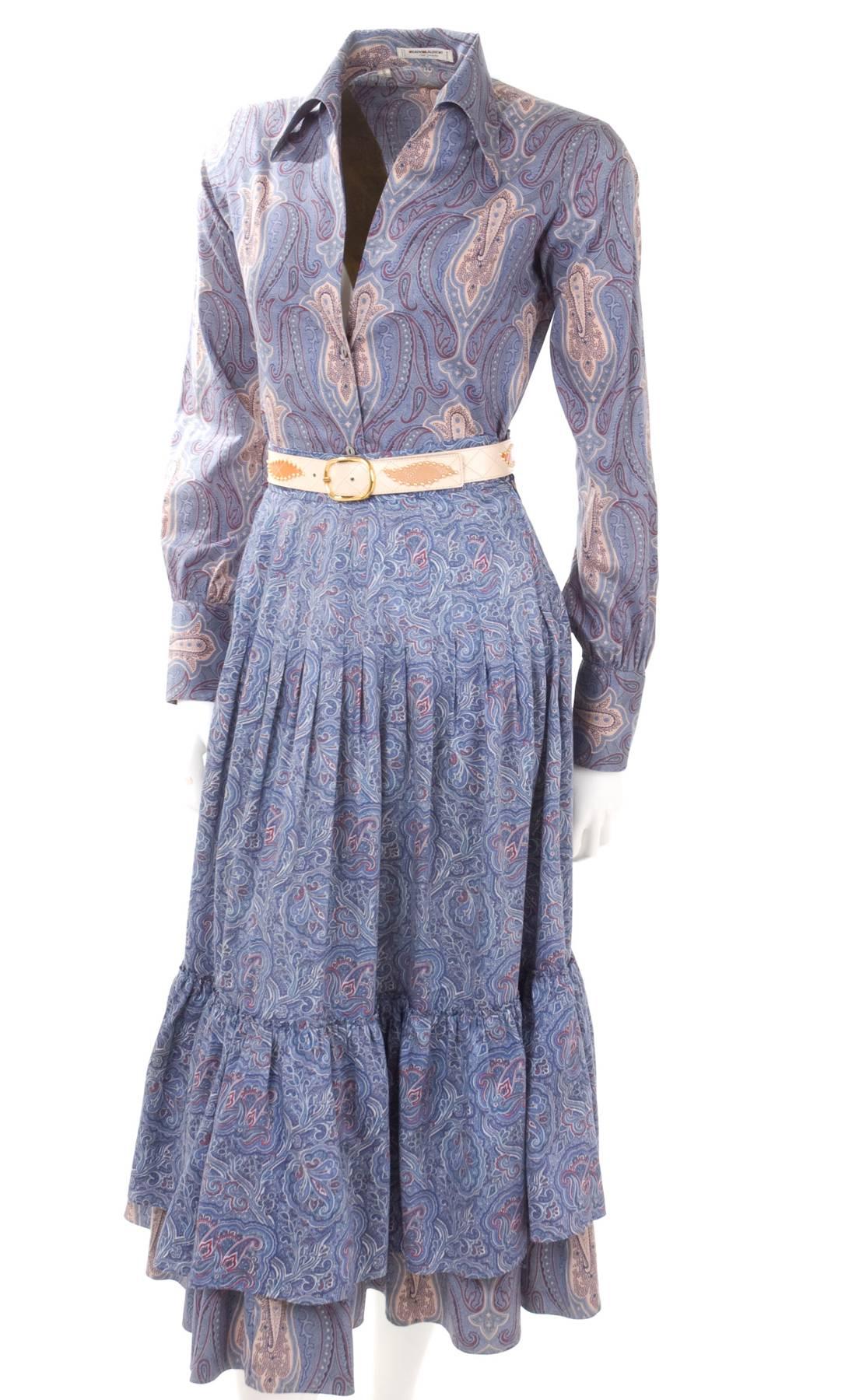 Gray 1970s Yves Saint Laurent Peasant Shirt and Skirt with Matching Belt For Sale