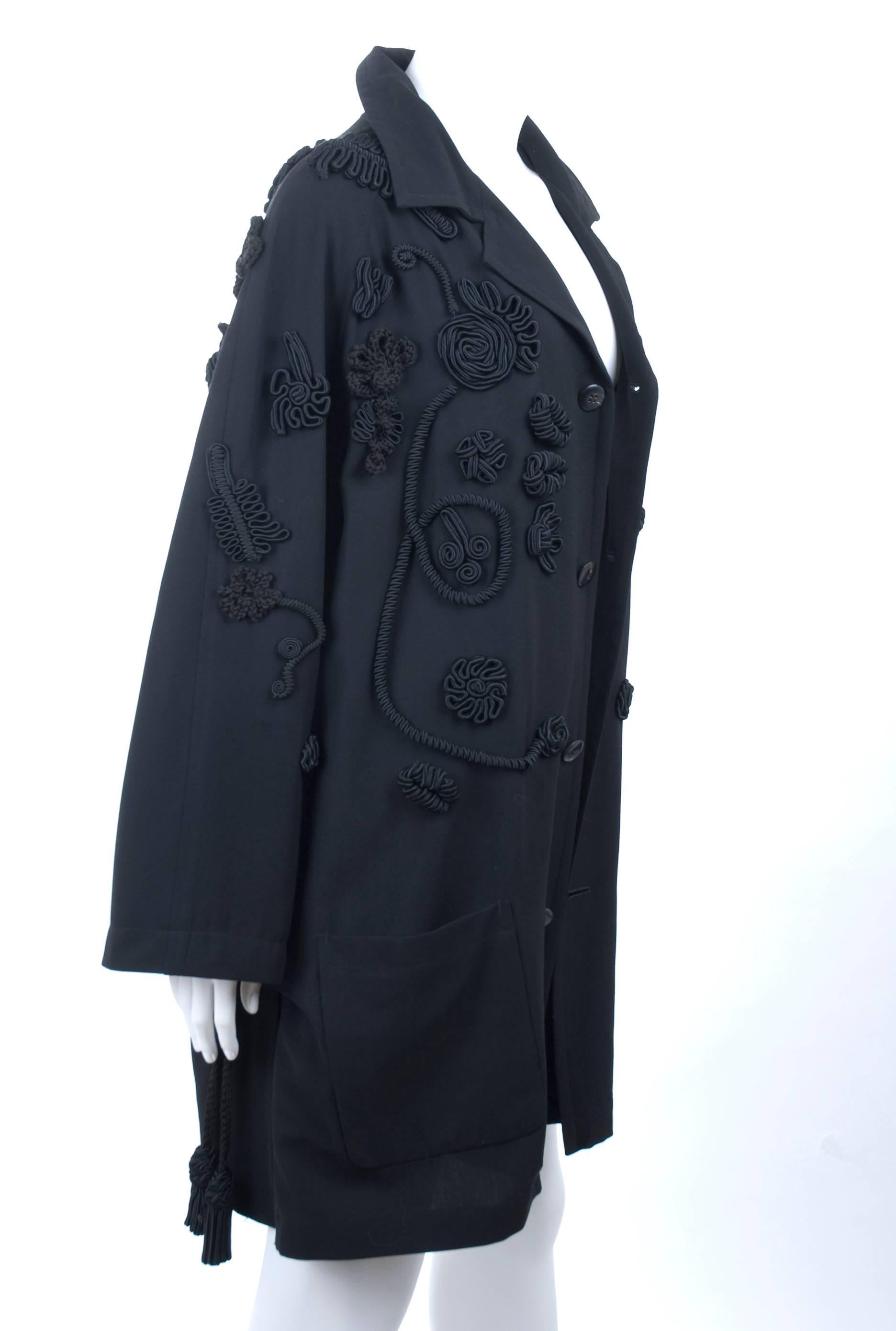Women's 90's Yohji Yamamoto Black Coat with Corded Embroidery + Tassels Allover. For Sale