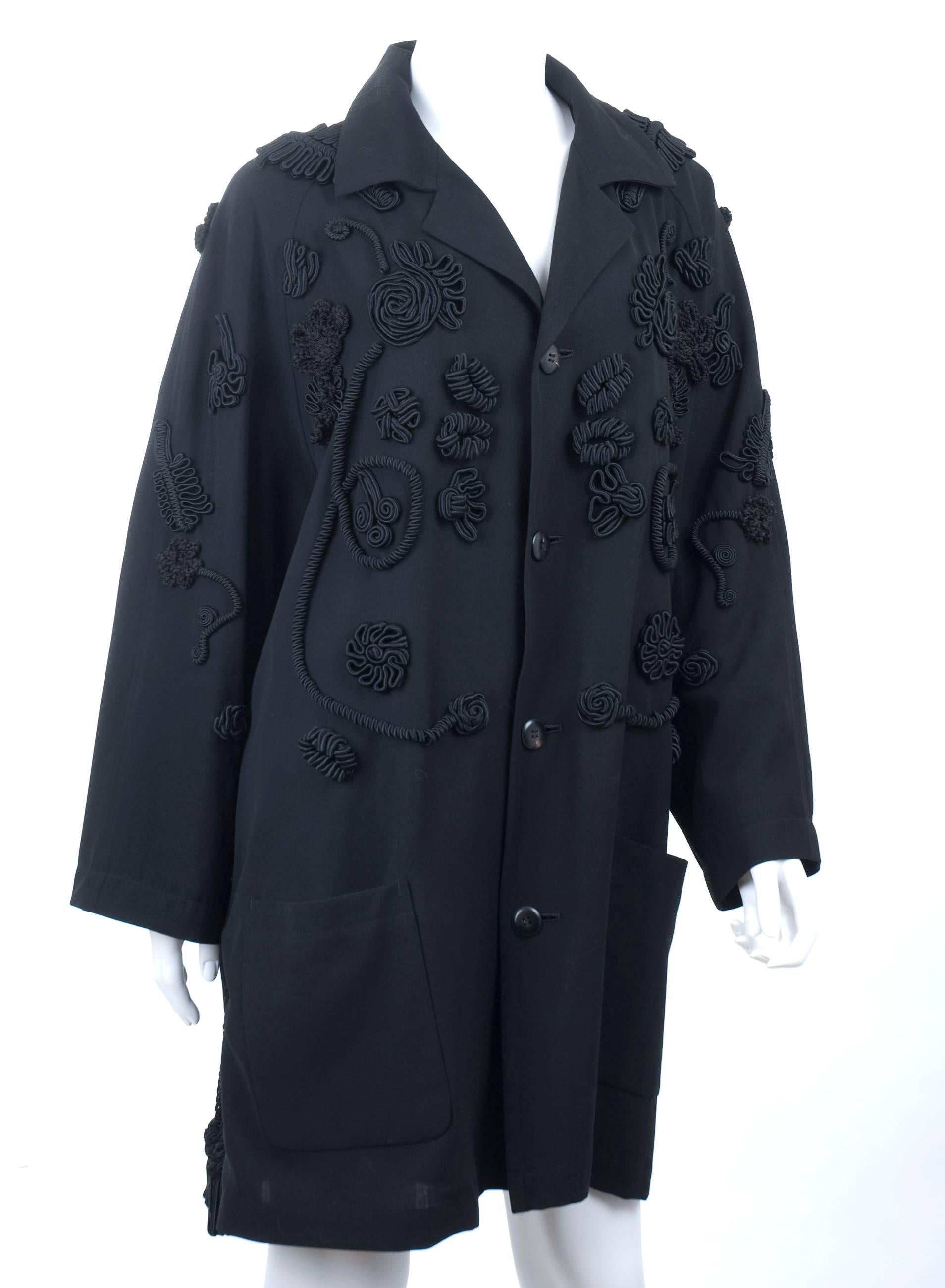 90's Yohji Yamamoto Black Coat with Corded Embroidery + Tassels Allover. For Sale 2