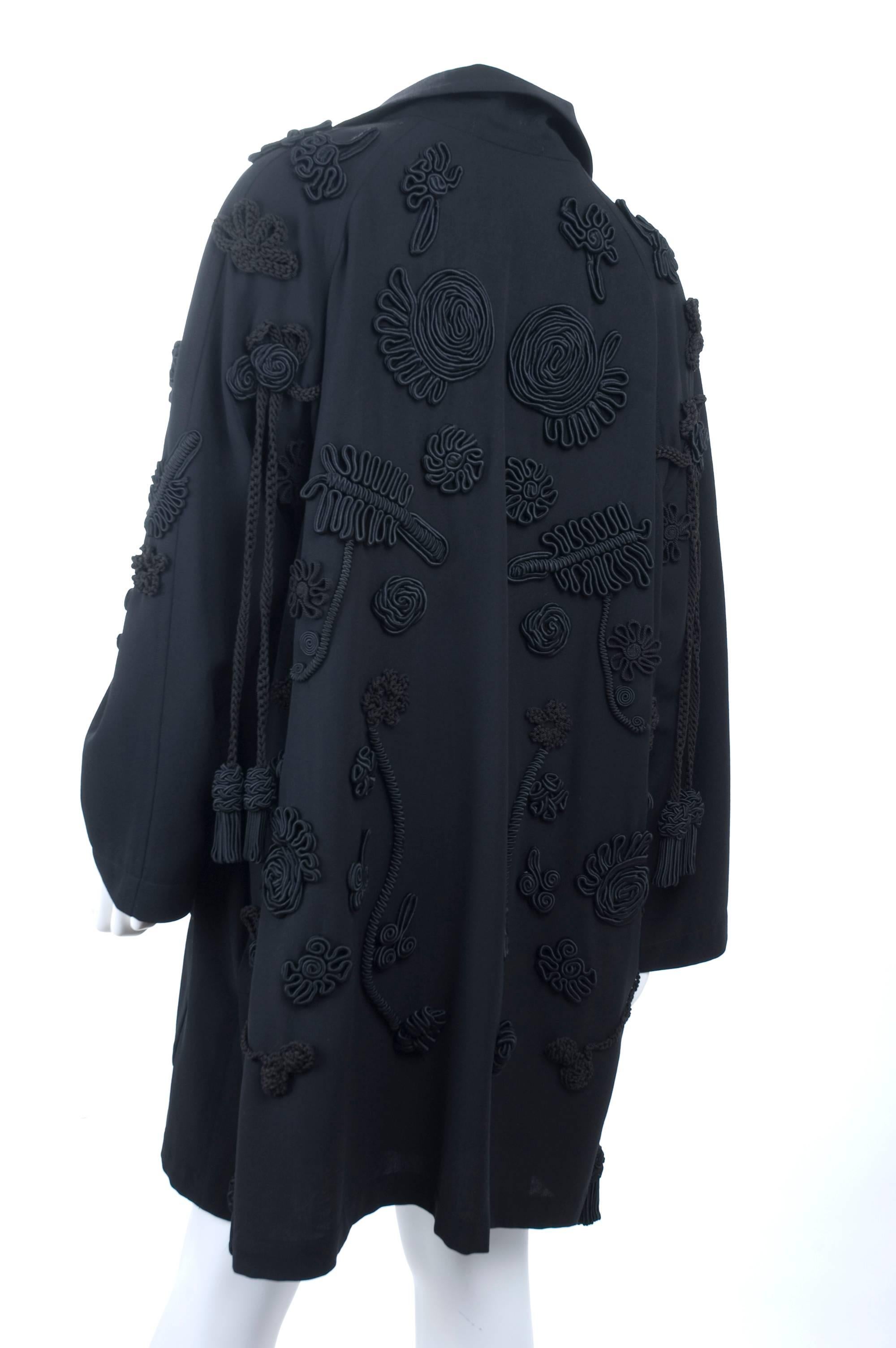90's Yohji Yamamoto Black Coat with Corded Embroidery + Tassels Allover. In Excellent Condition For Sale In Hamburg, Deutschland