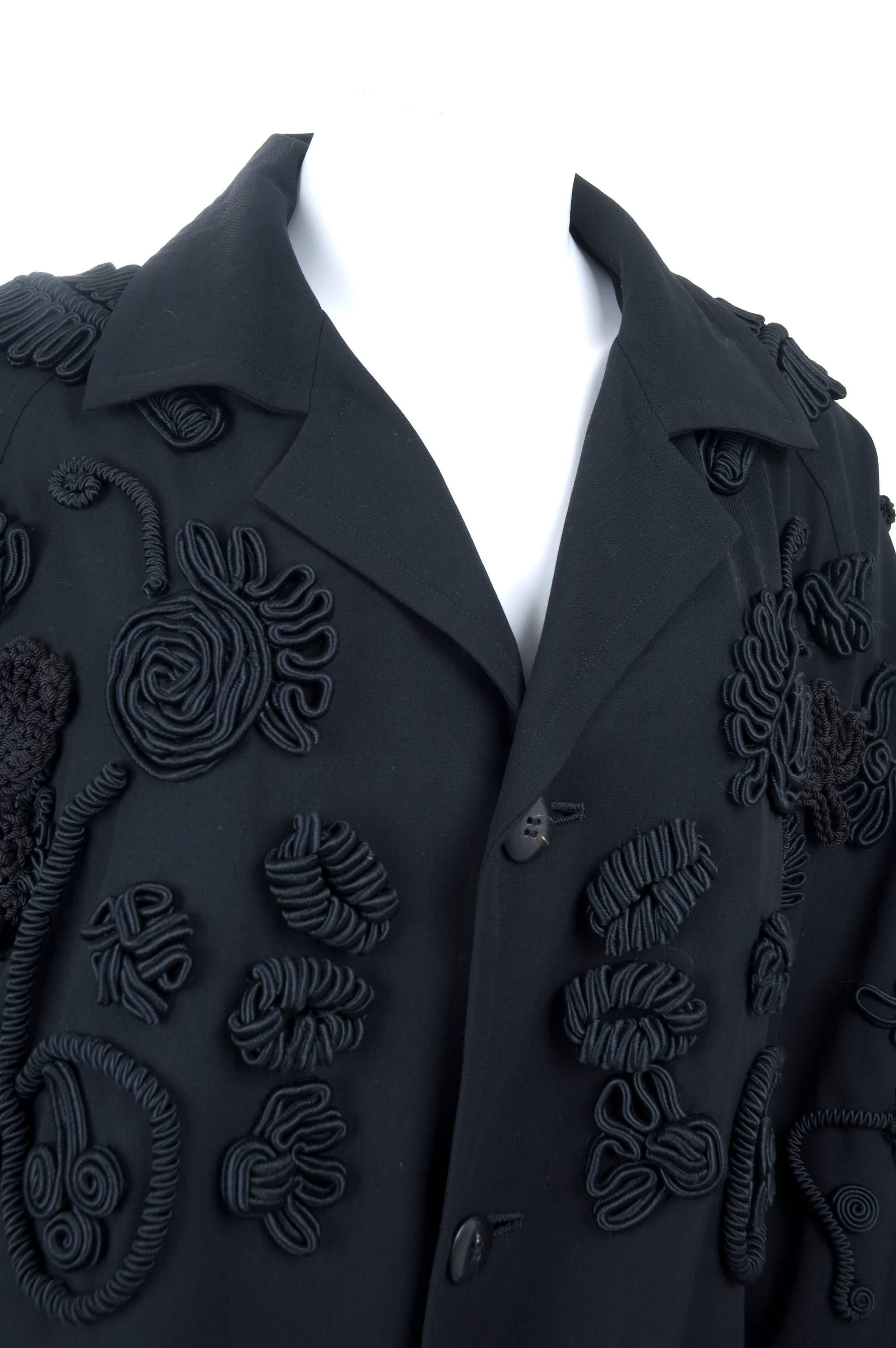 90's Yohji Yamamoto Black Coat with Corded Embroidery + Tassels Allover. For Sale 3