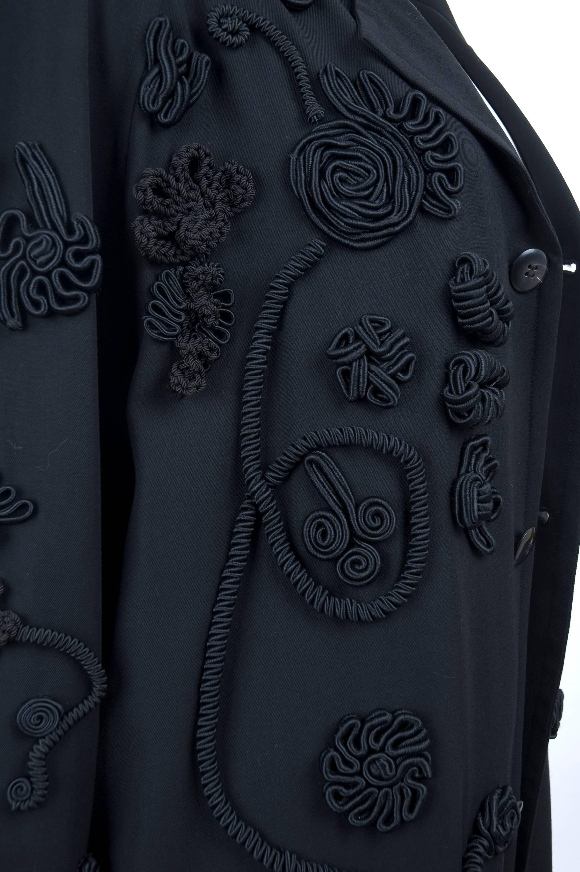 90's Yohji Yamamoto Black Coat with Corded Embroidery + Tassels Allover. For Sale 1