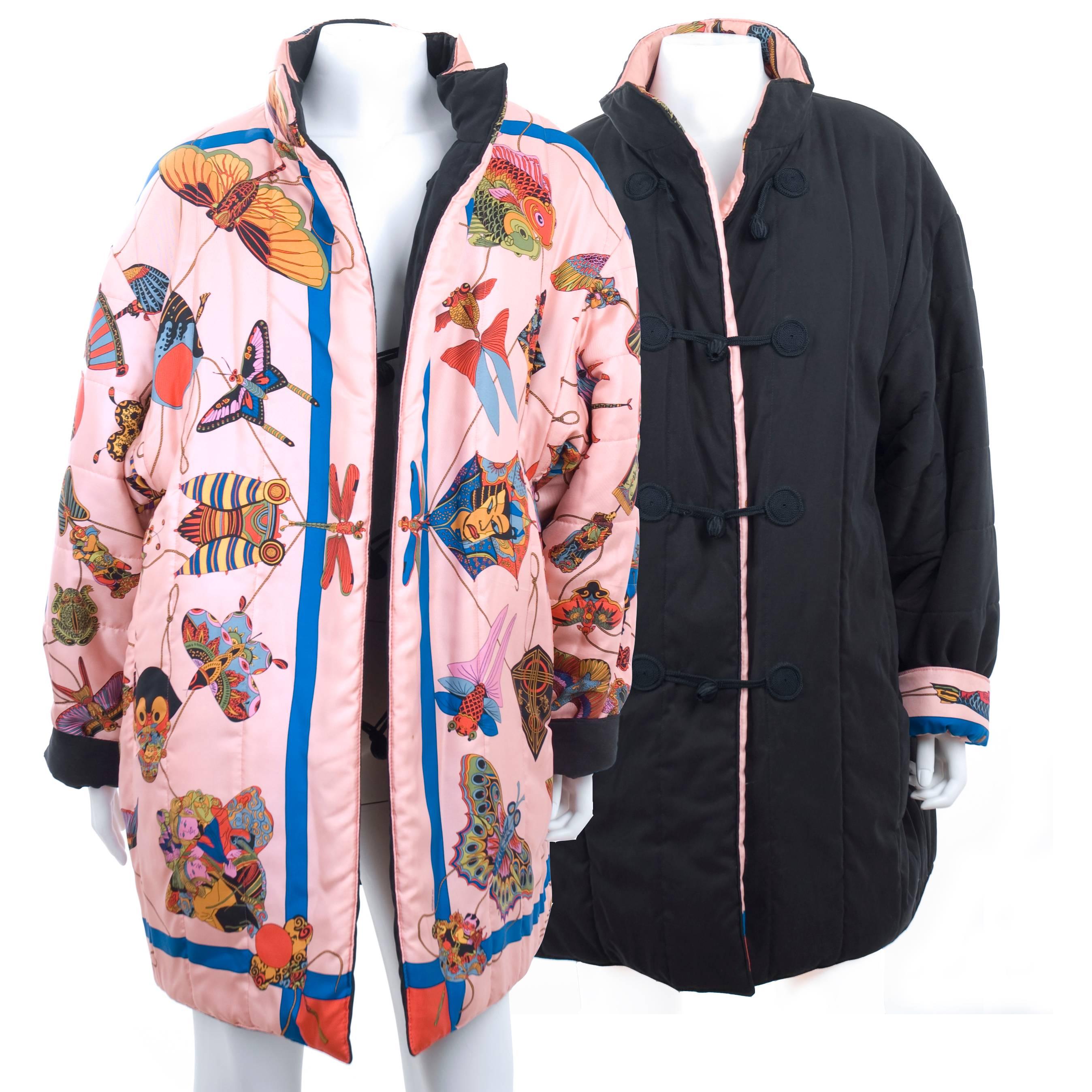 90's Vintage Hermes reversible puffer coat silk motive 