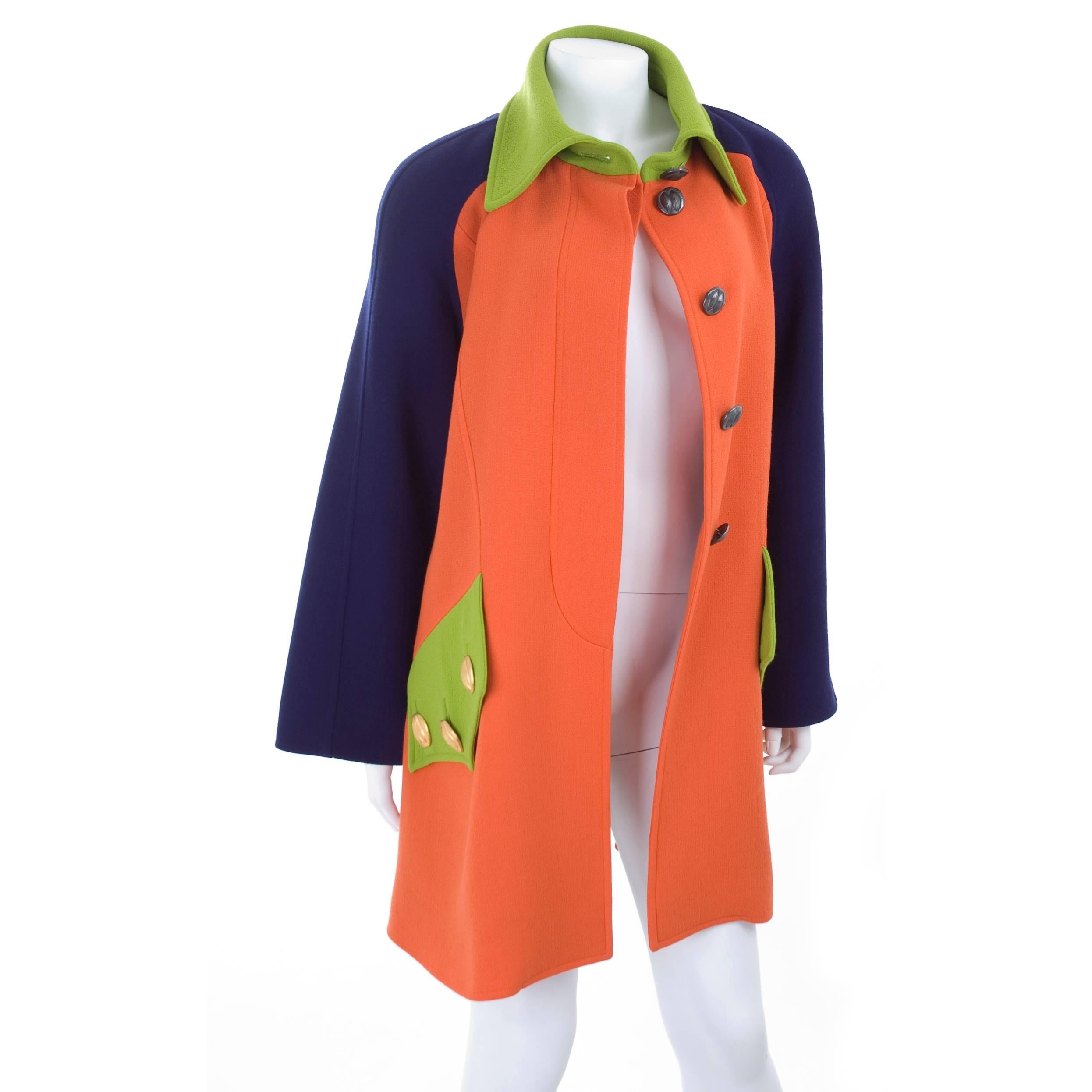 90's Christian Lacroix A-Line Coat in Orange, Blue & Green  In Excellent Condition For Sale In Hamburg, Deutschland