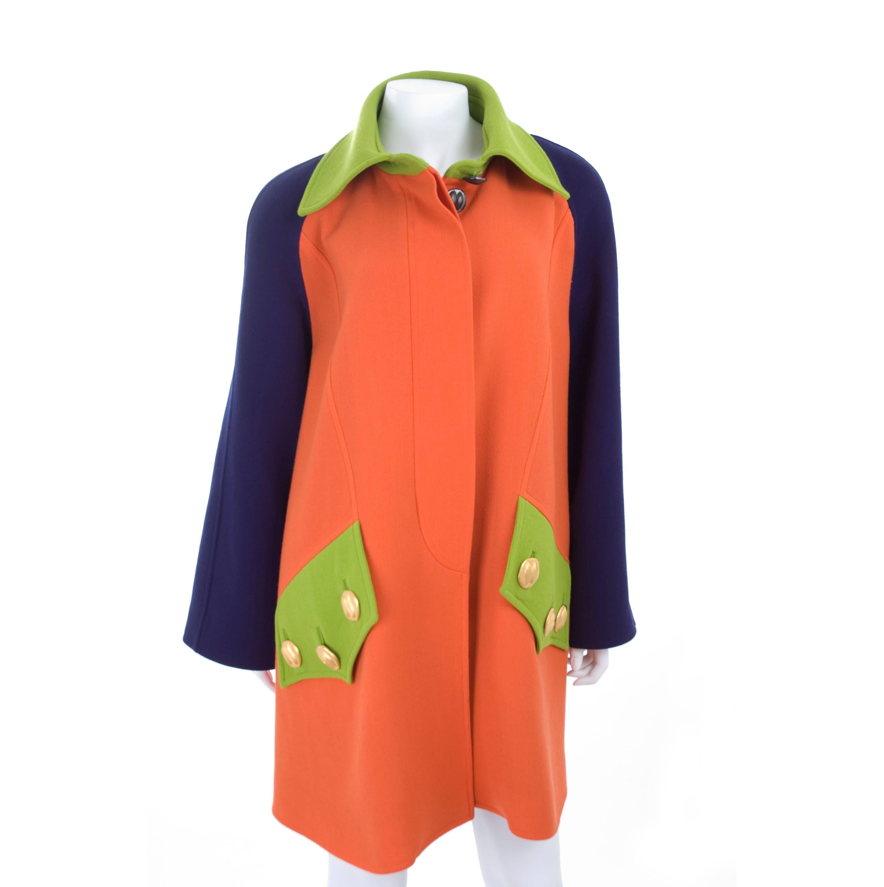 Women's 90's Christian Lacroix A-Line Coat in Orange, Blue & Green  For Sale