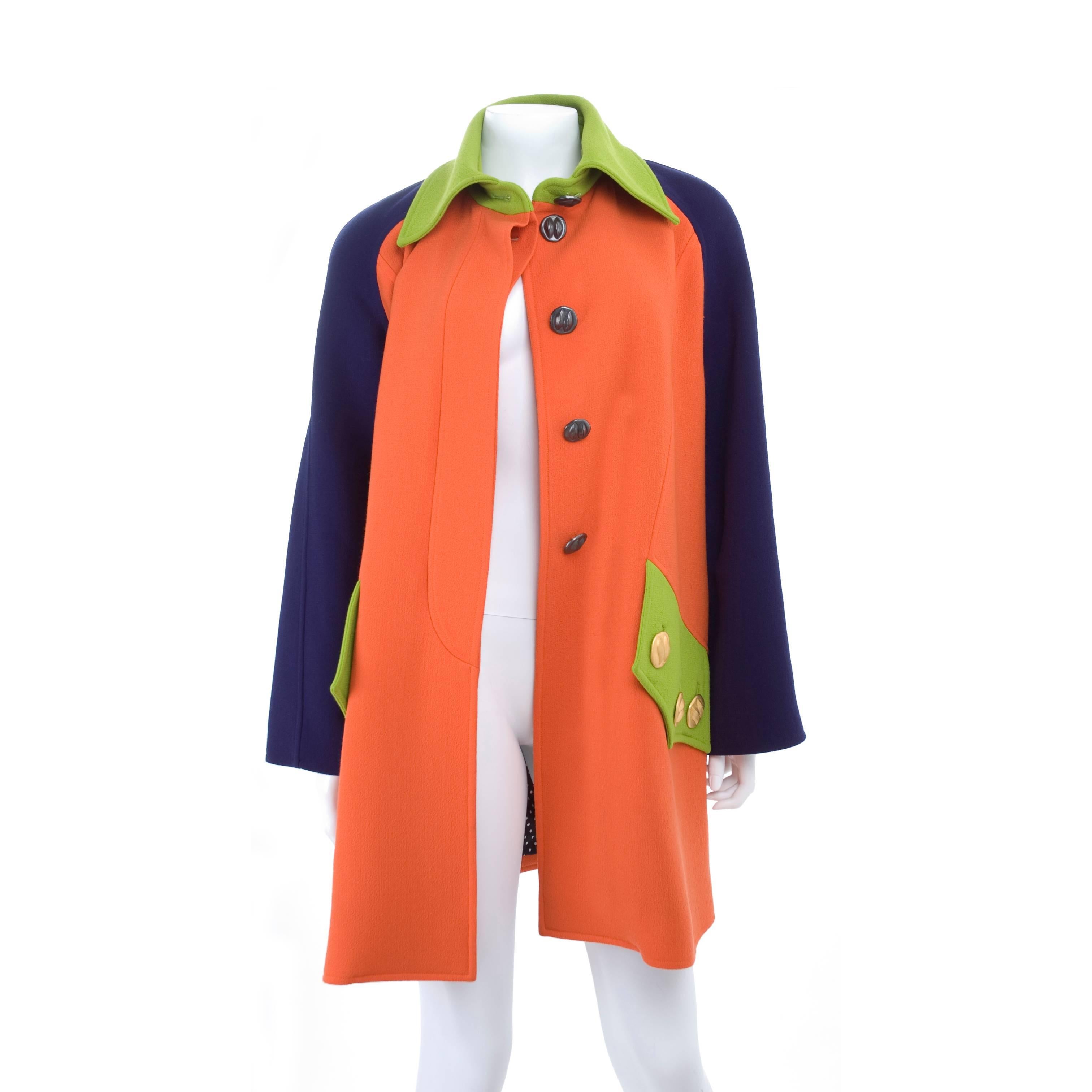 90's Christian Lacroix A-Line Coat in Orange, Blue & Green  For Sale 2